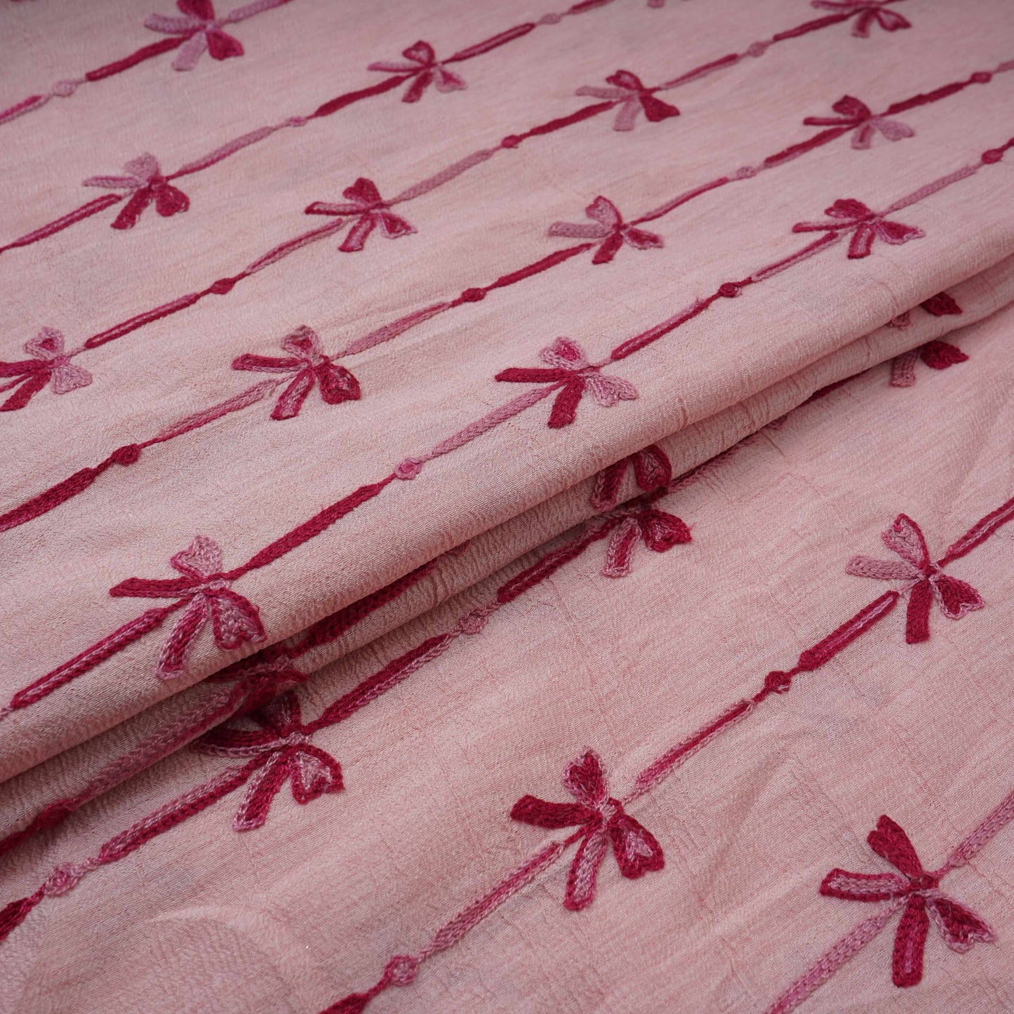 Peach Pink Bow Stripes embroidery Chinon Cotton Slub Fabric SFG-31707