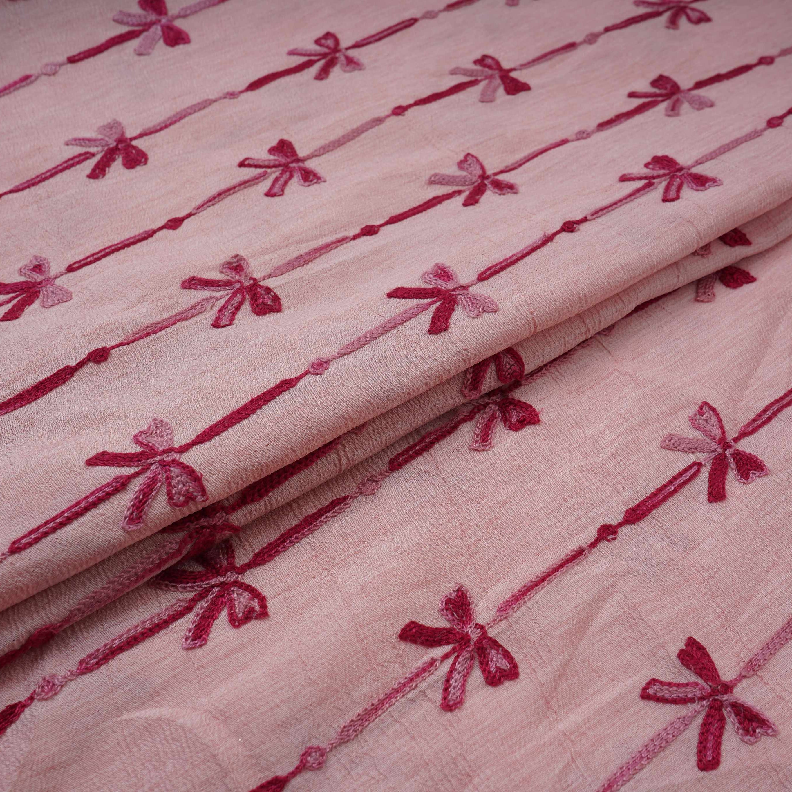 Peach Pink Bow Stripes embroidery Chinon Cotton Slub Fabric SFG-31707 - TradeUNO