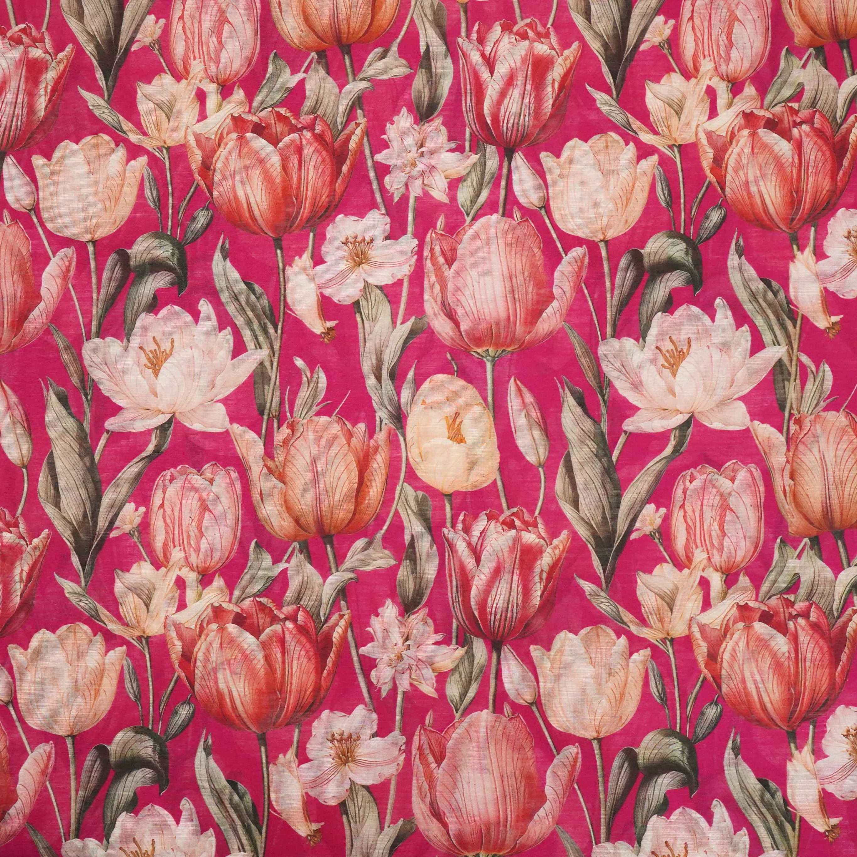 Magenta Pink Floral Print Cotton Linen Fabric RT-30902 - TradeUNO