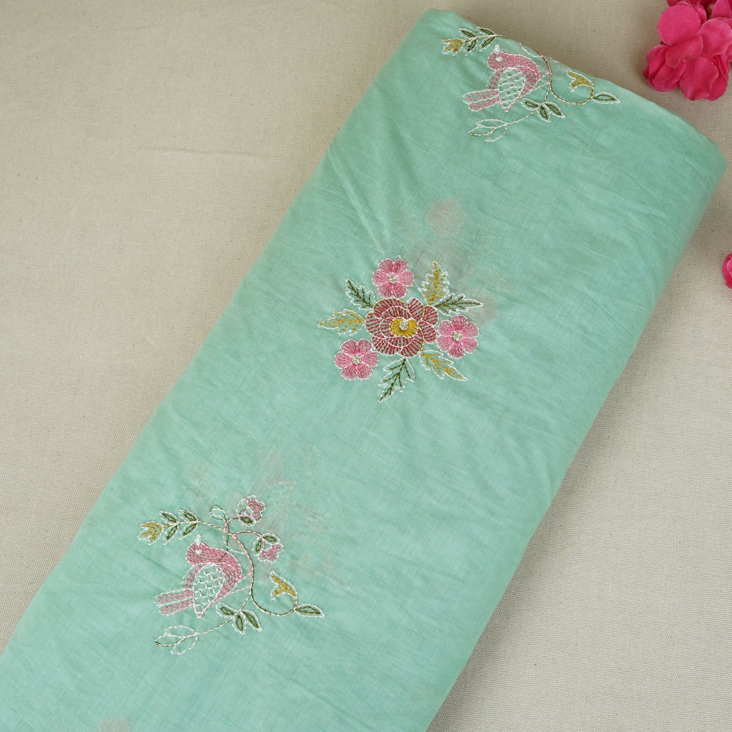 Sea Green Floral Embroidery Mul Chanderi Fabric DC-29916