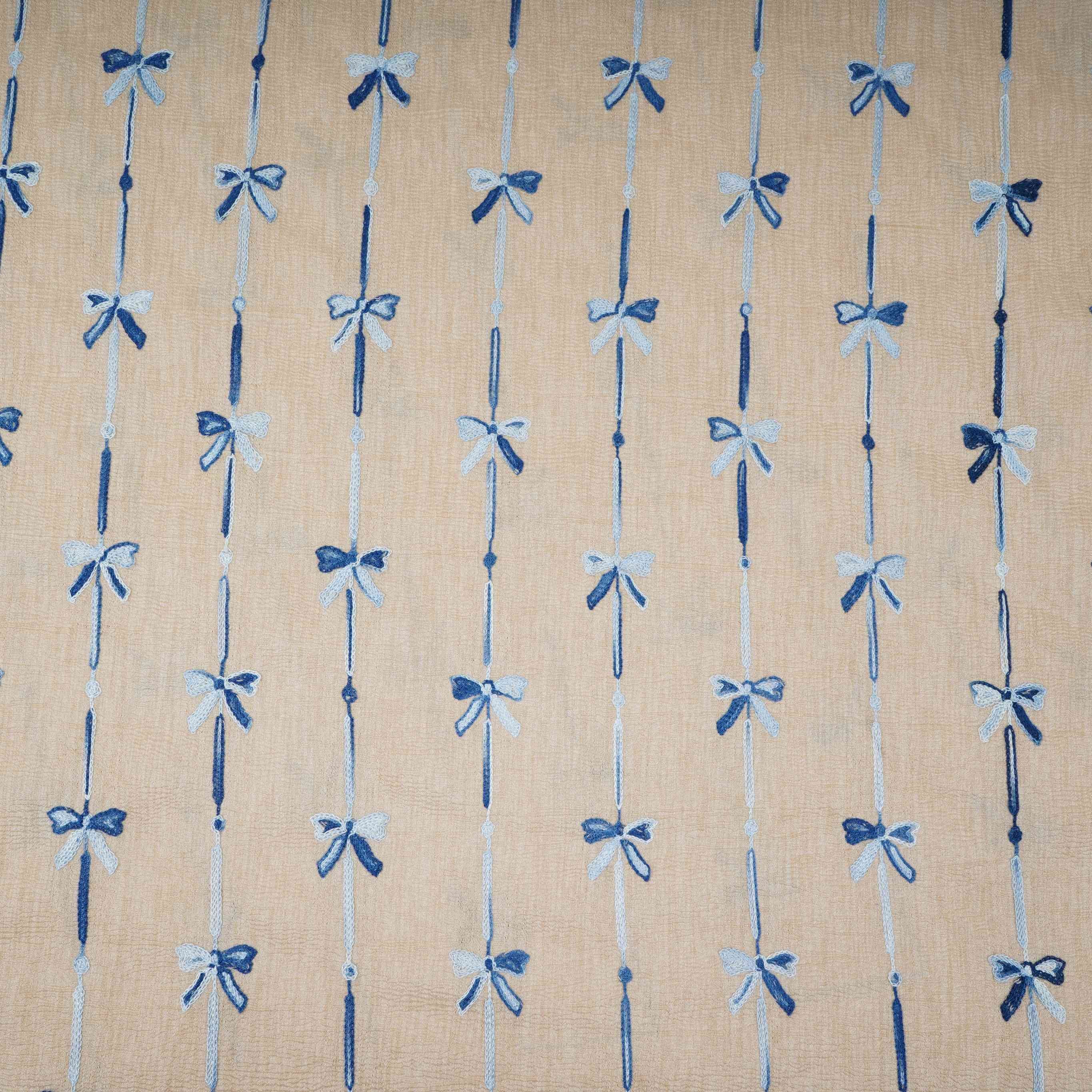Beige Bow Stripes embroidery Chinon Cotton Slub Fabric SFG-31709 - TradeUNO