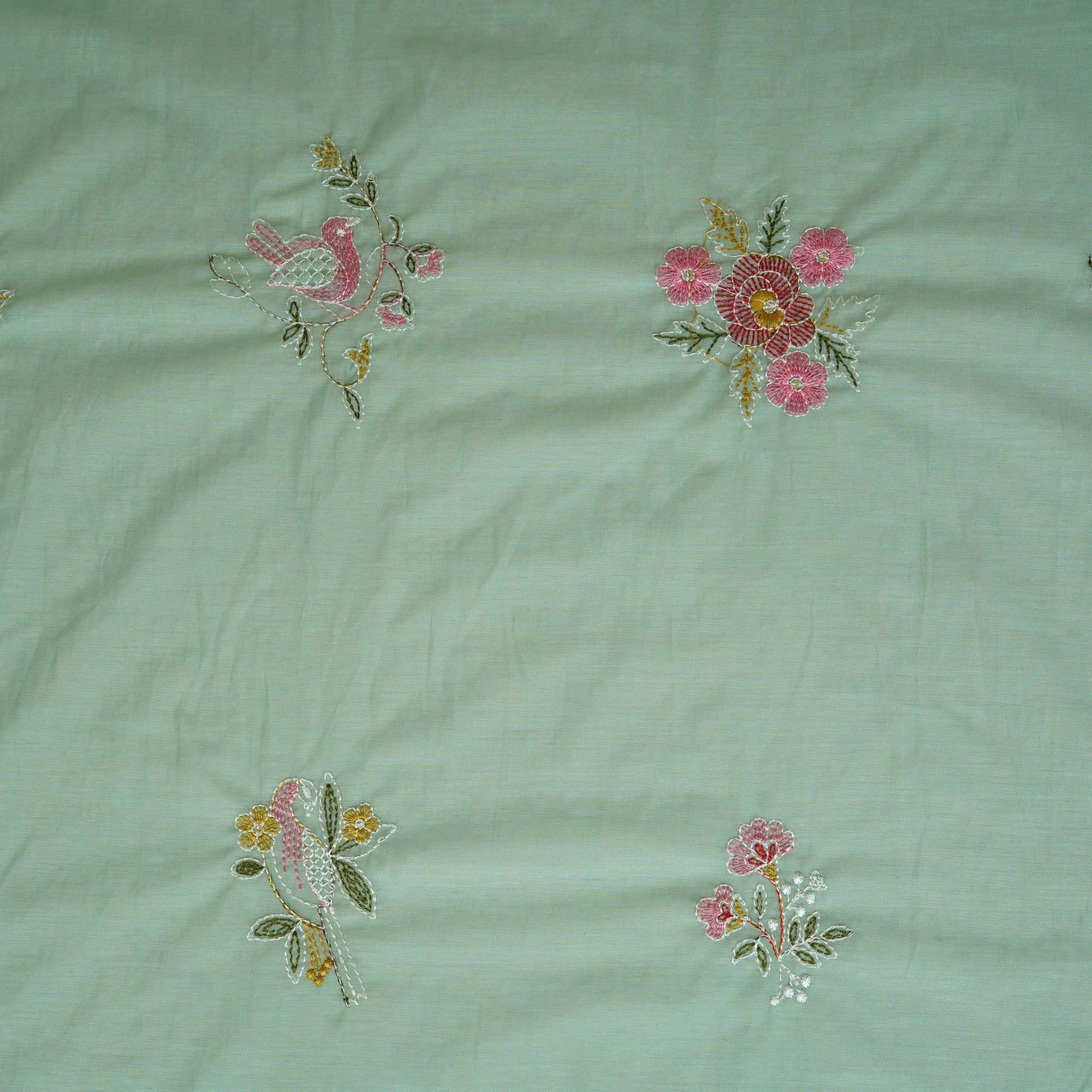Sea Green Floral Embroidery Mul Chanderi Fabric DC-29916