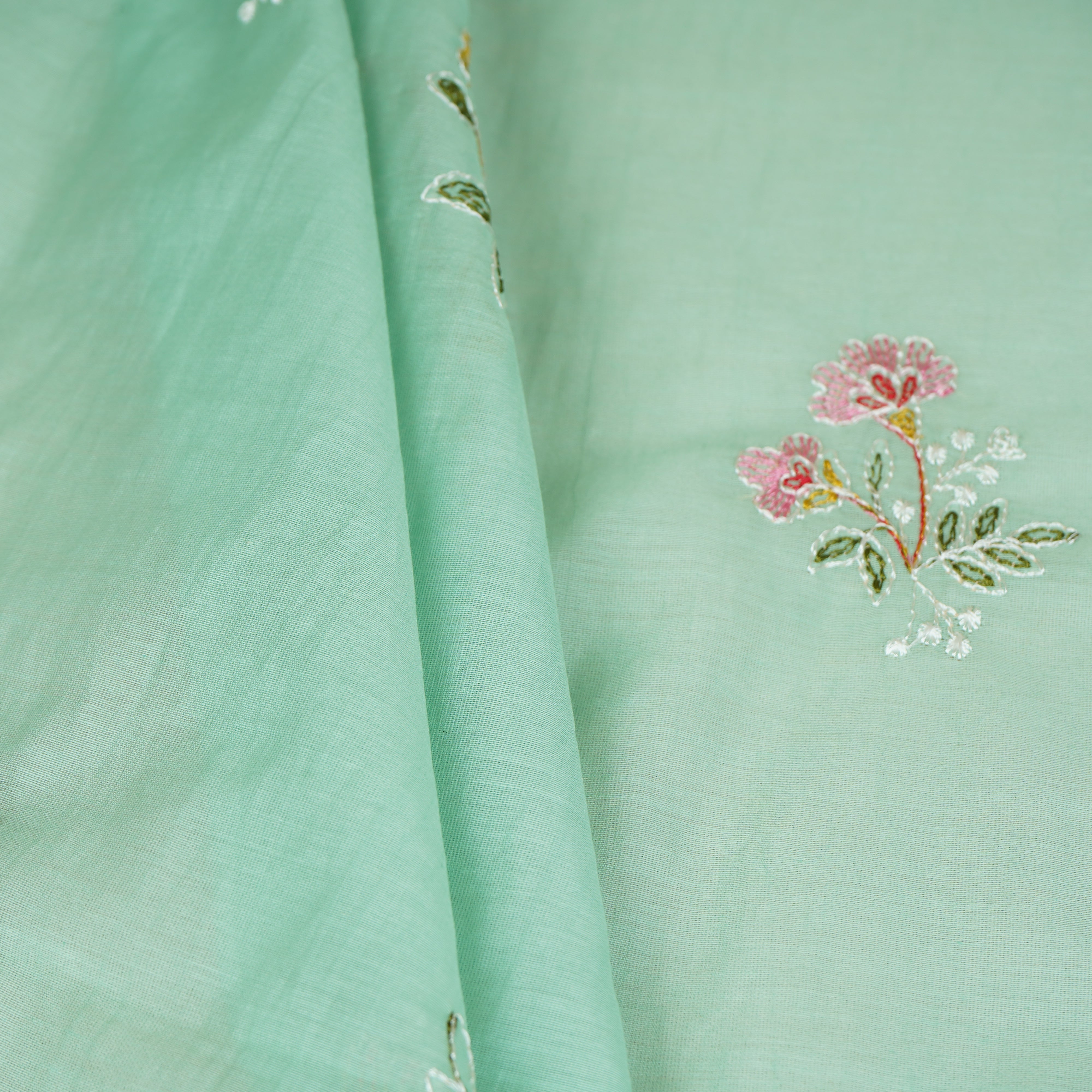 Sea Green Floral Embroidery Mul Chanderi Fabric DC-29916 - TradeUNO