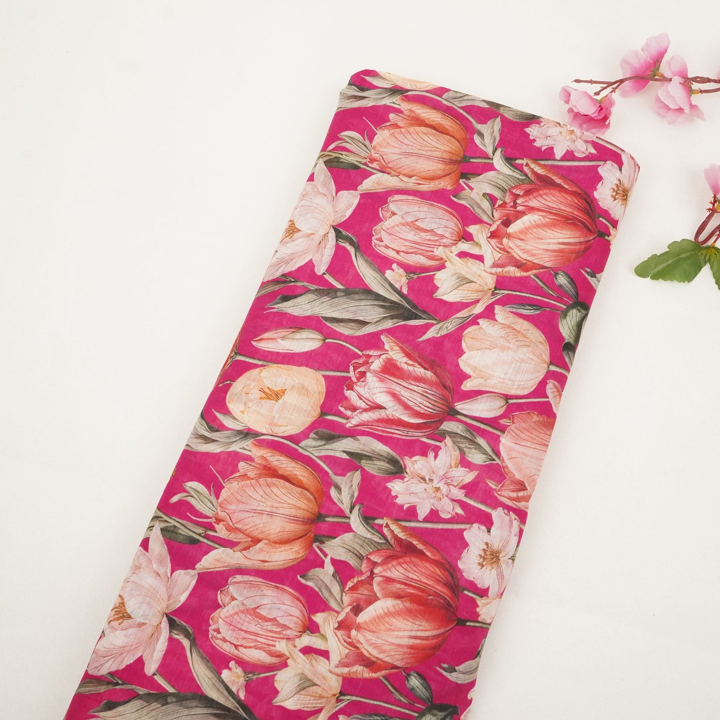 Magenta Pink Floral Print Cotton Linen Fabric RT-30902