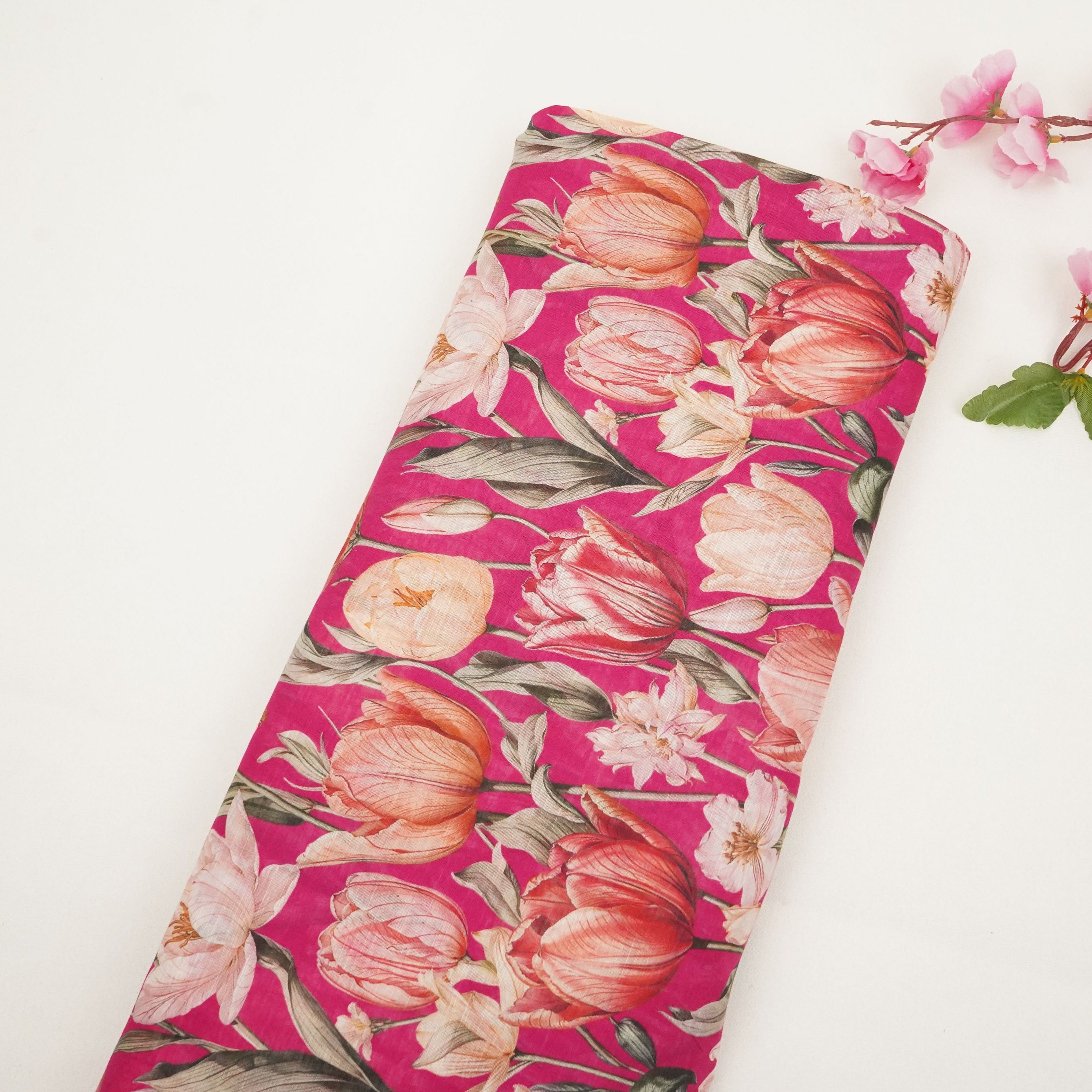 Magenta Pink Floral Print Cotton Linen Fabric RT-30902 - TradeUNO