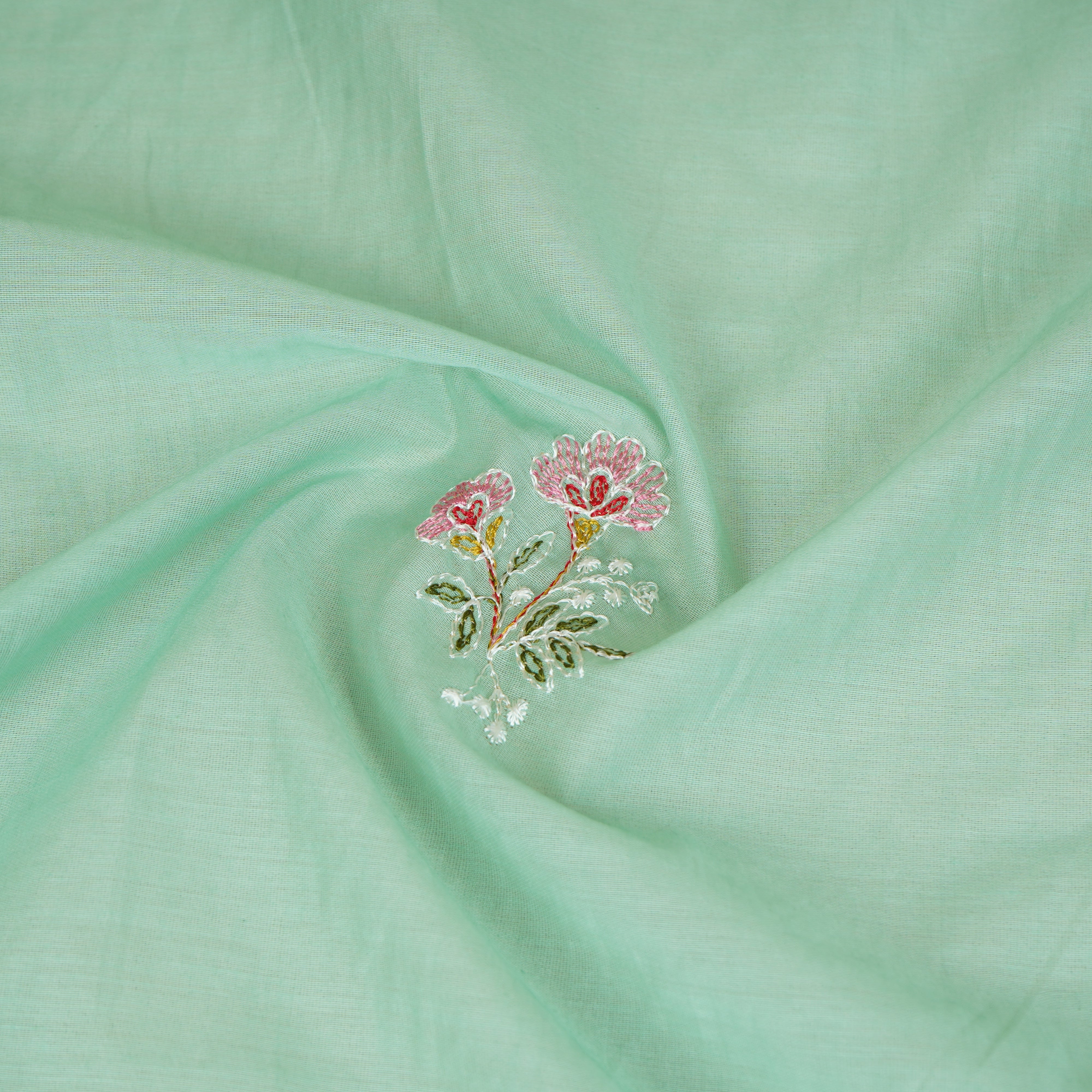 Sea Green Floral Embroidery Mul Chanderi Fabric DC-29916 - TradeUNO
