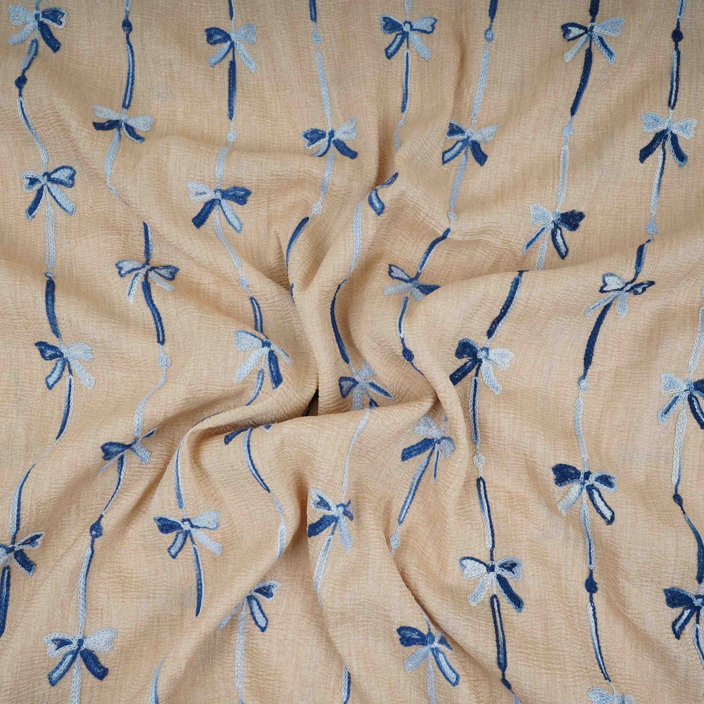 Beige Bow Stripes embroidery Chinon Cotton Slub Fabric SFG-31709