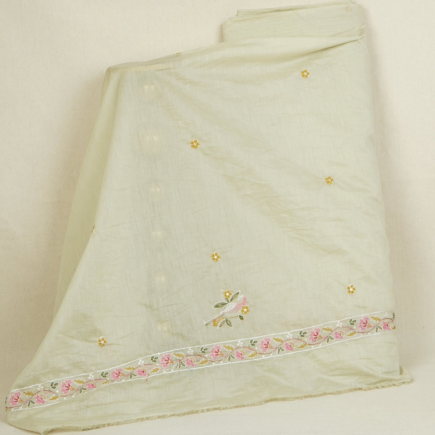 Light Green Floral Border Embroidery Mul Chanderi Fabric DC-29913