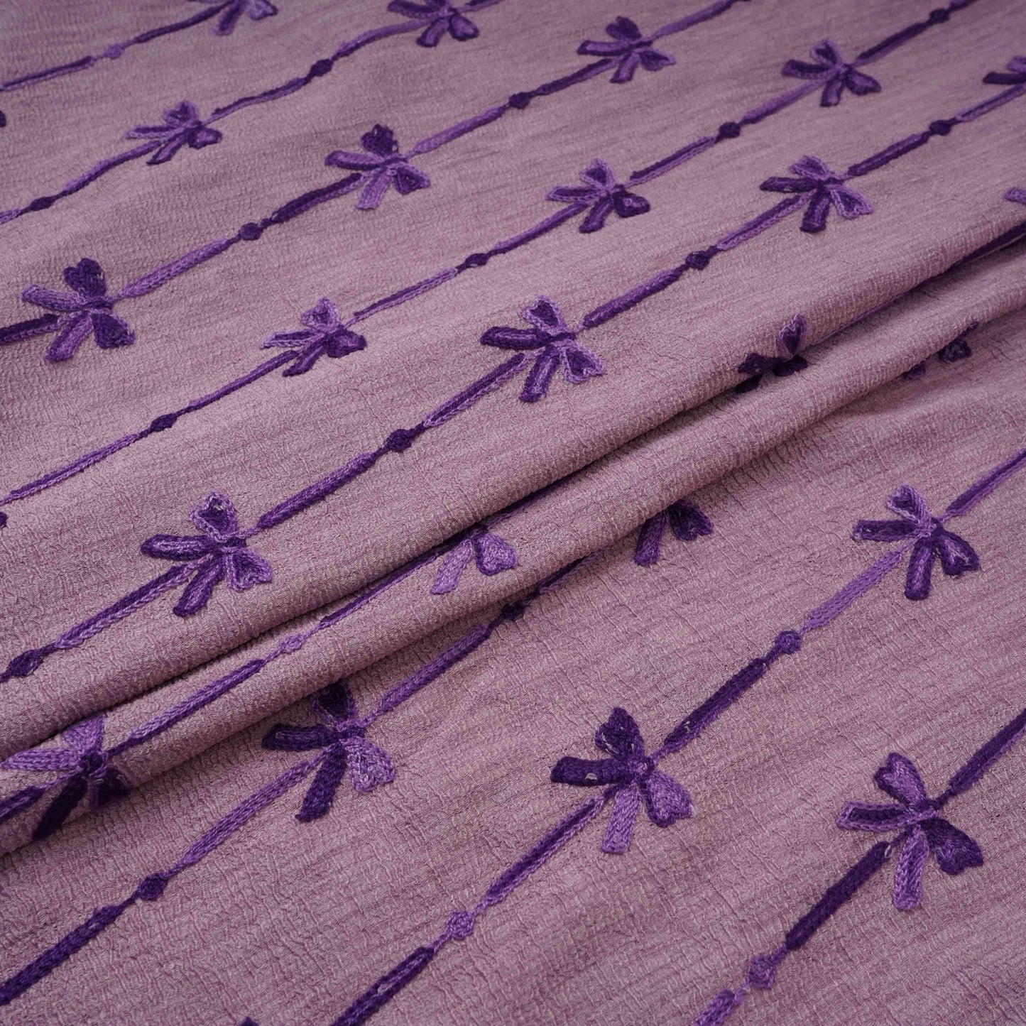 Mauve Bow Stripes embroidery Chinon Cotton Slub Fabric SFG-31708