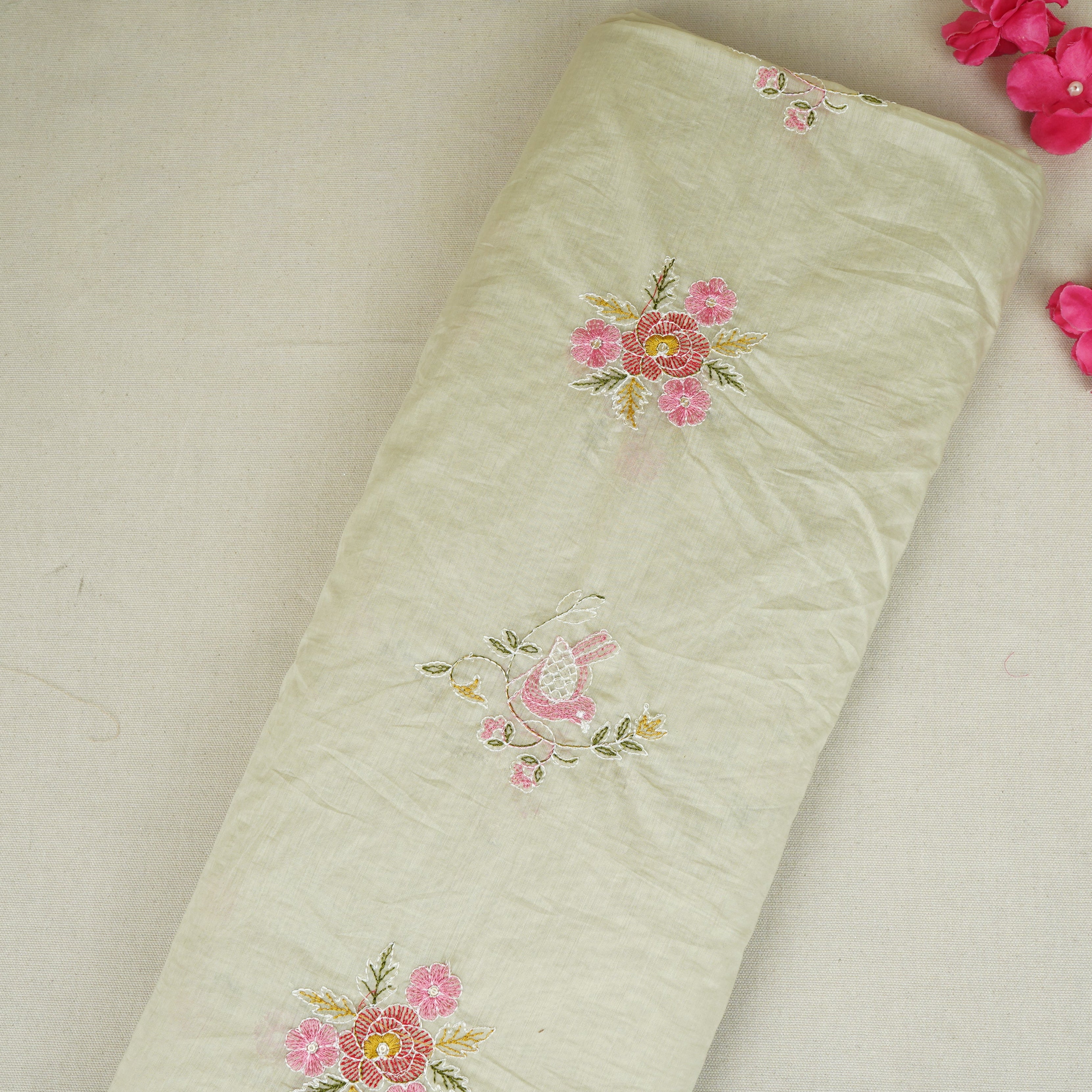 Light Green Floral Embroidery Mul Chanderi Fabric DC-29912 - TradeUNO