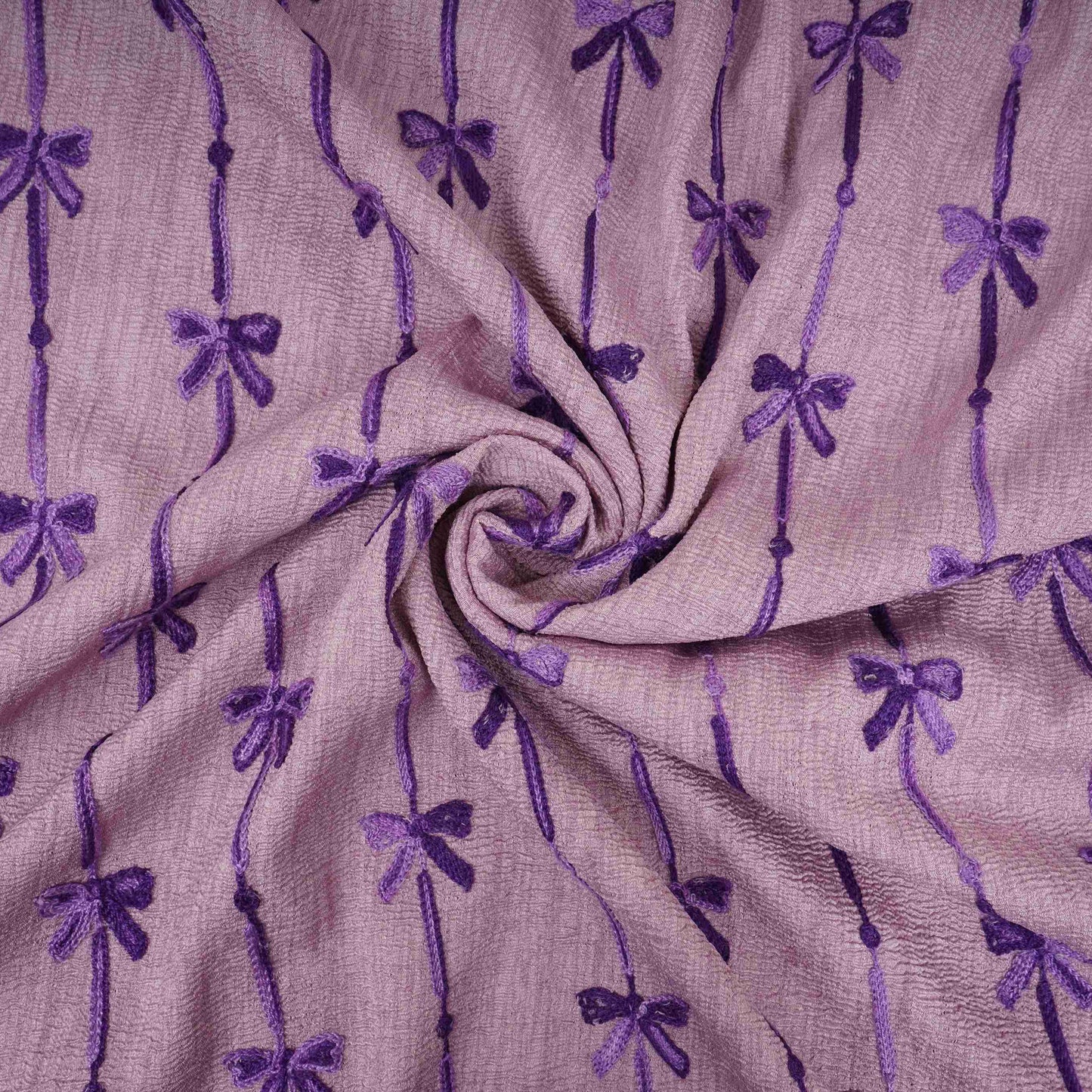 Mauve Bow Stripes embroidery Chinon Cotton Slub Fabric SFG-31708