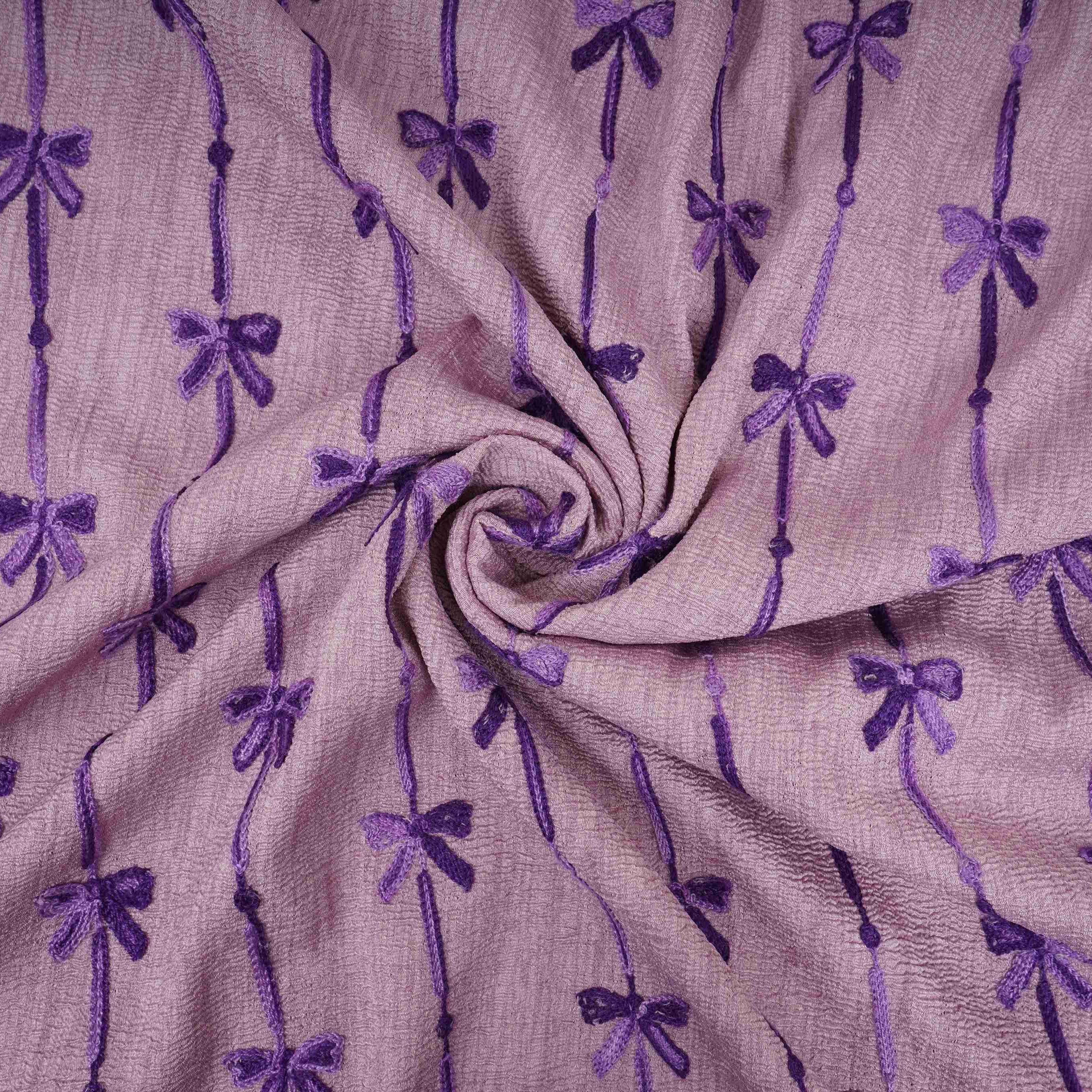 Mauve Bow Stripes embroidery Chinon Cotton Slub Fabric SFG-31708 - TradeUNO