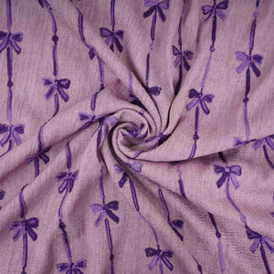 Mauve Bow Stripes embroidery Chinon Cotton Slub Fabric SFG-31708 - TradeUNO