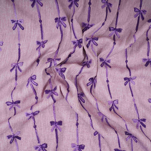 Mauve Bow Stripes embroidery Chinon Cotton Slub Fabric SFG-31708 - TradeUNO