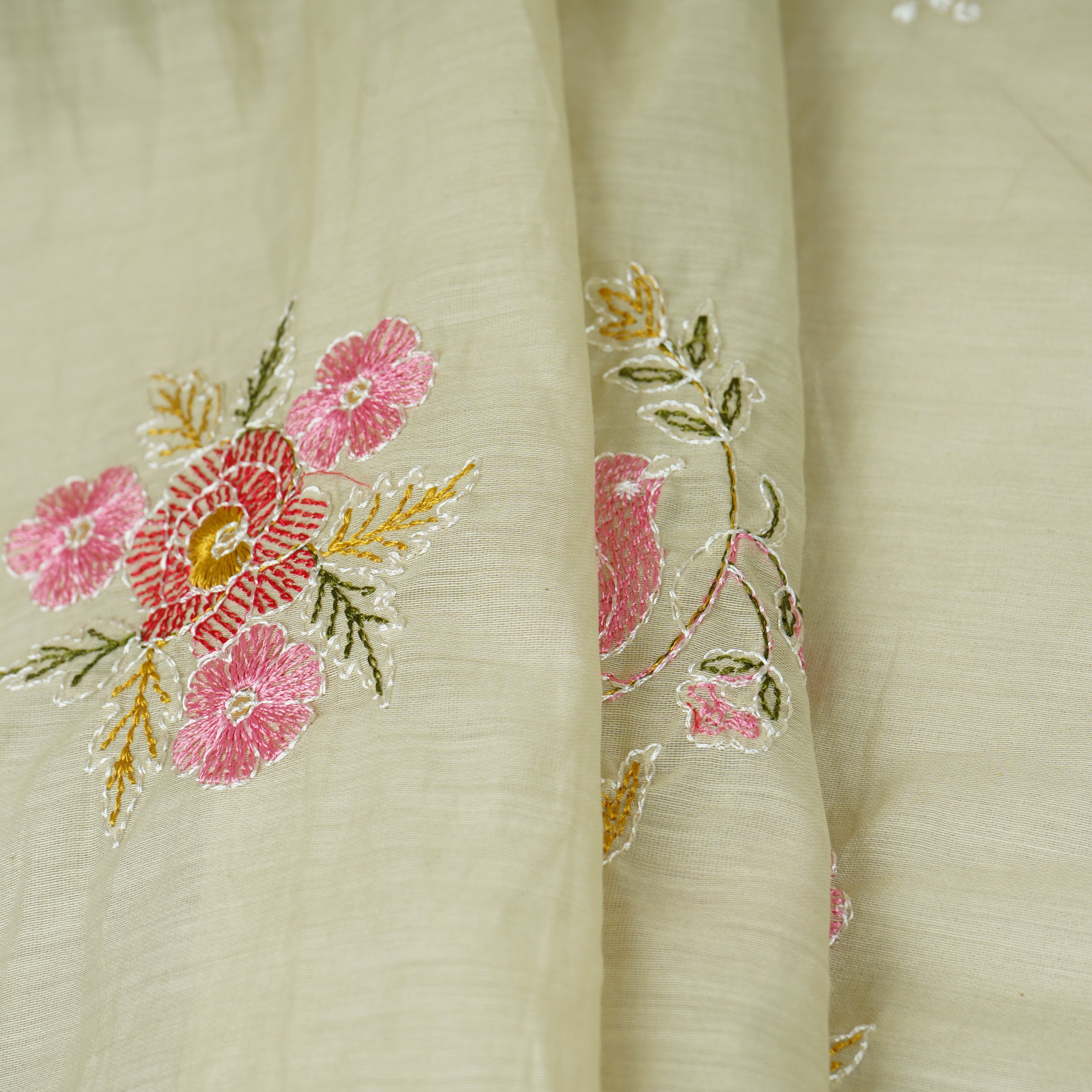 Light Green Floral Embroidery Mul Chanderi Fabric DC-29912 - TradeUNO