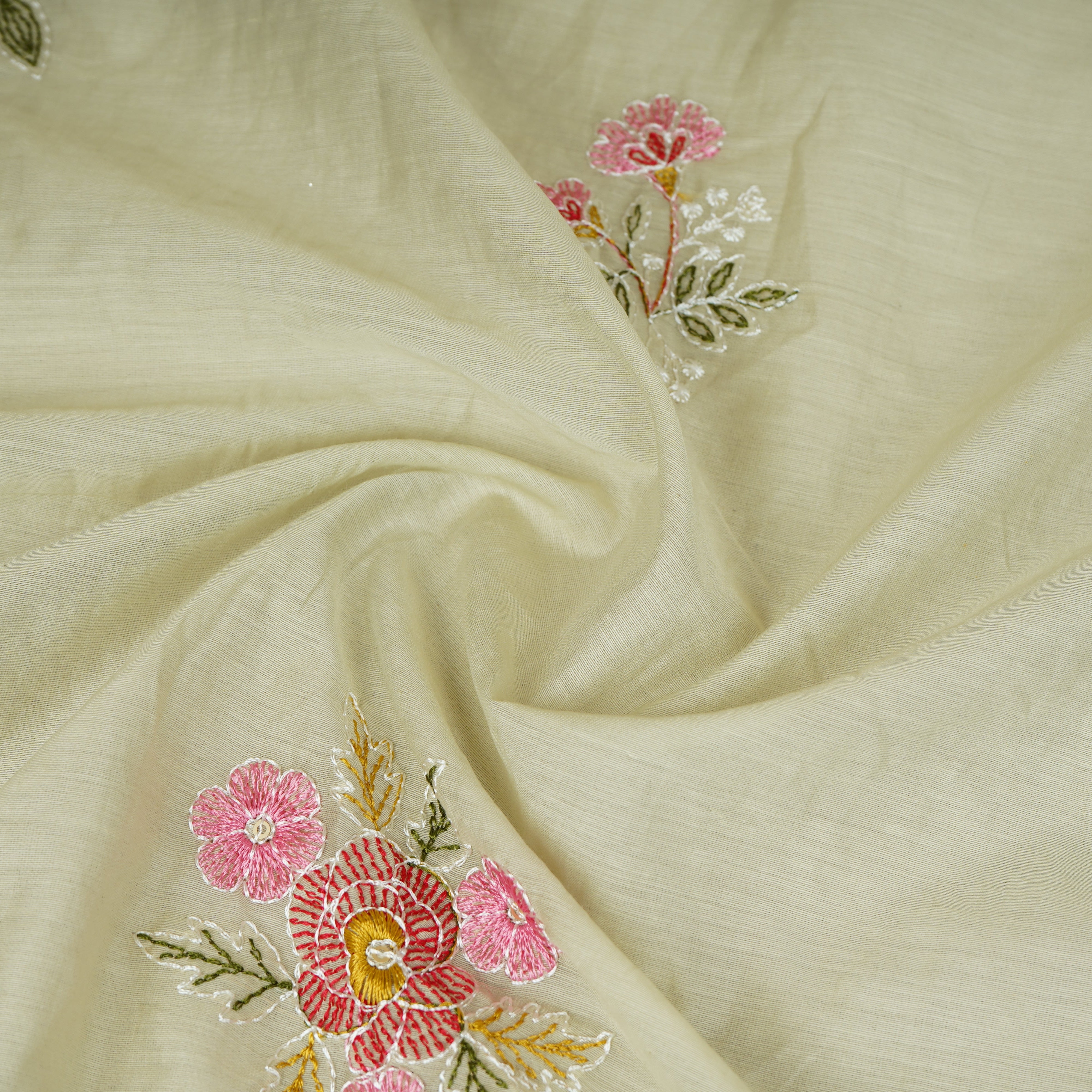 Light Green Floral Embroidery Mul Chanderi Fabric DC-29912 - TradeUNO