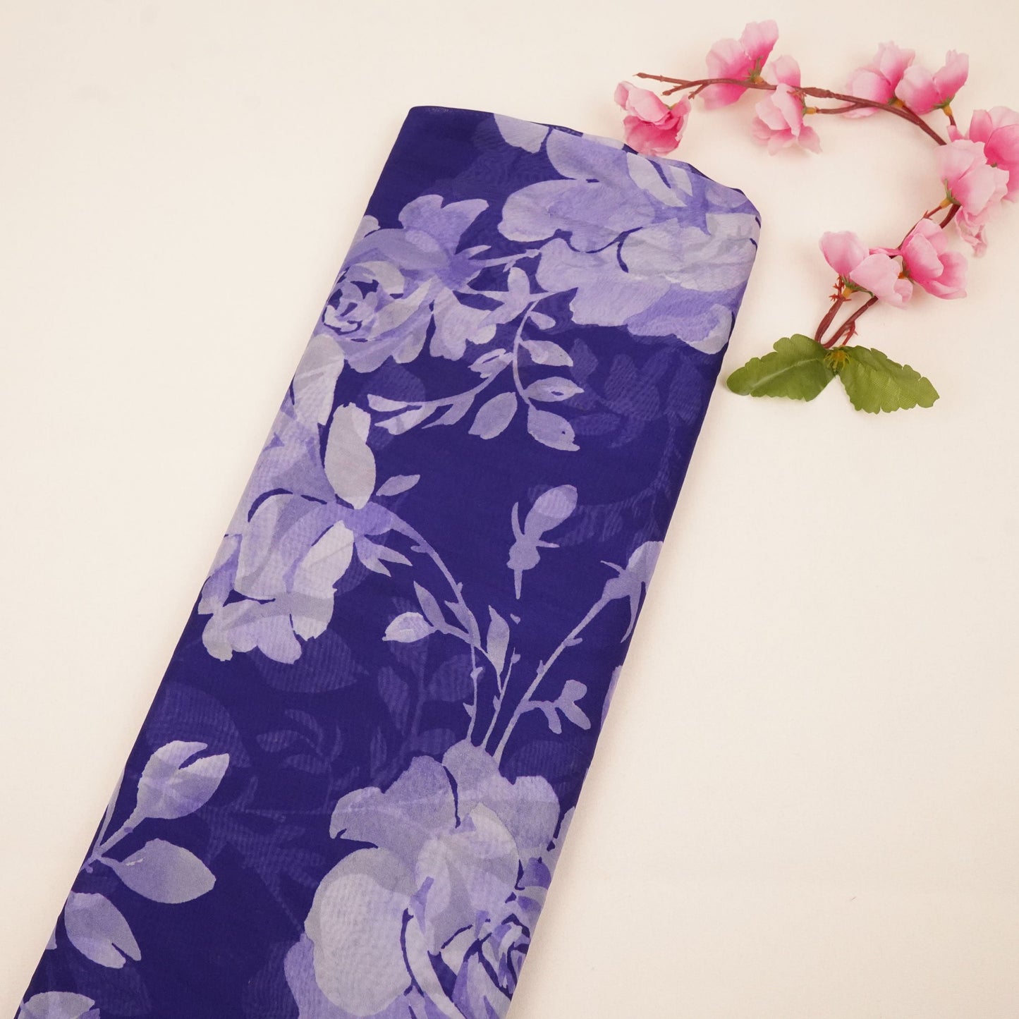 Royal Blue Floral Print Organza Fabric MT-30683