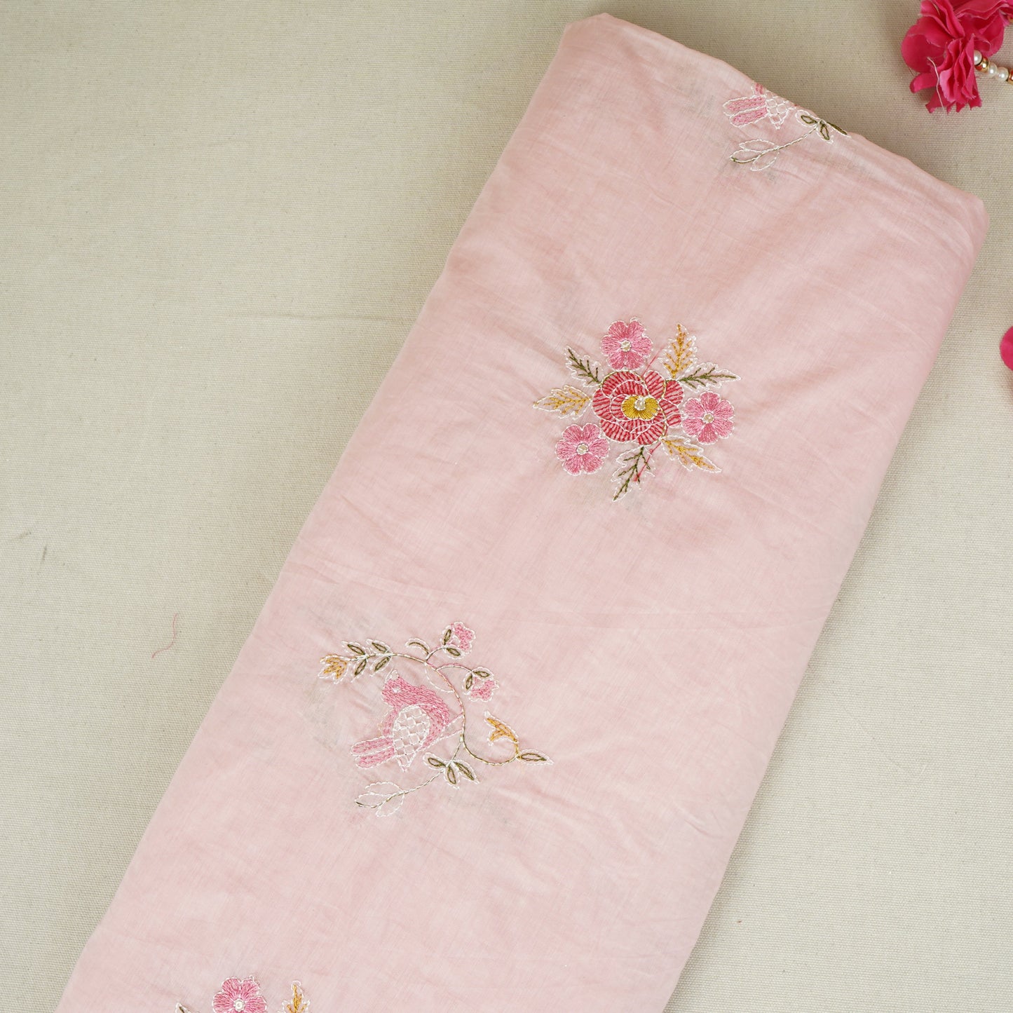 Baby Pink Floral Embroidery Mul Chanderi Fabric DC-29914