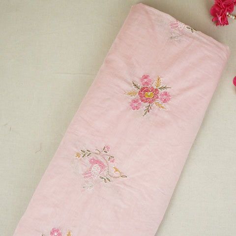 Baby Pink Floral Embroidery Mul Chanderi Fabric DC-29914