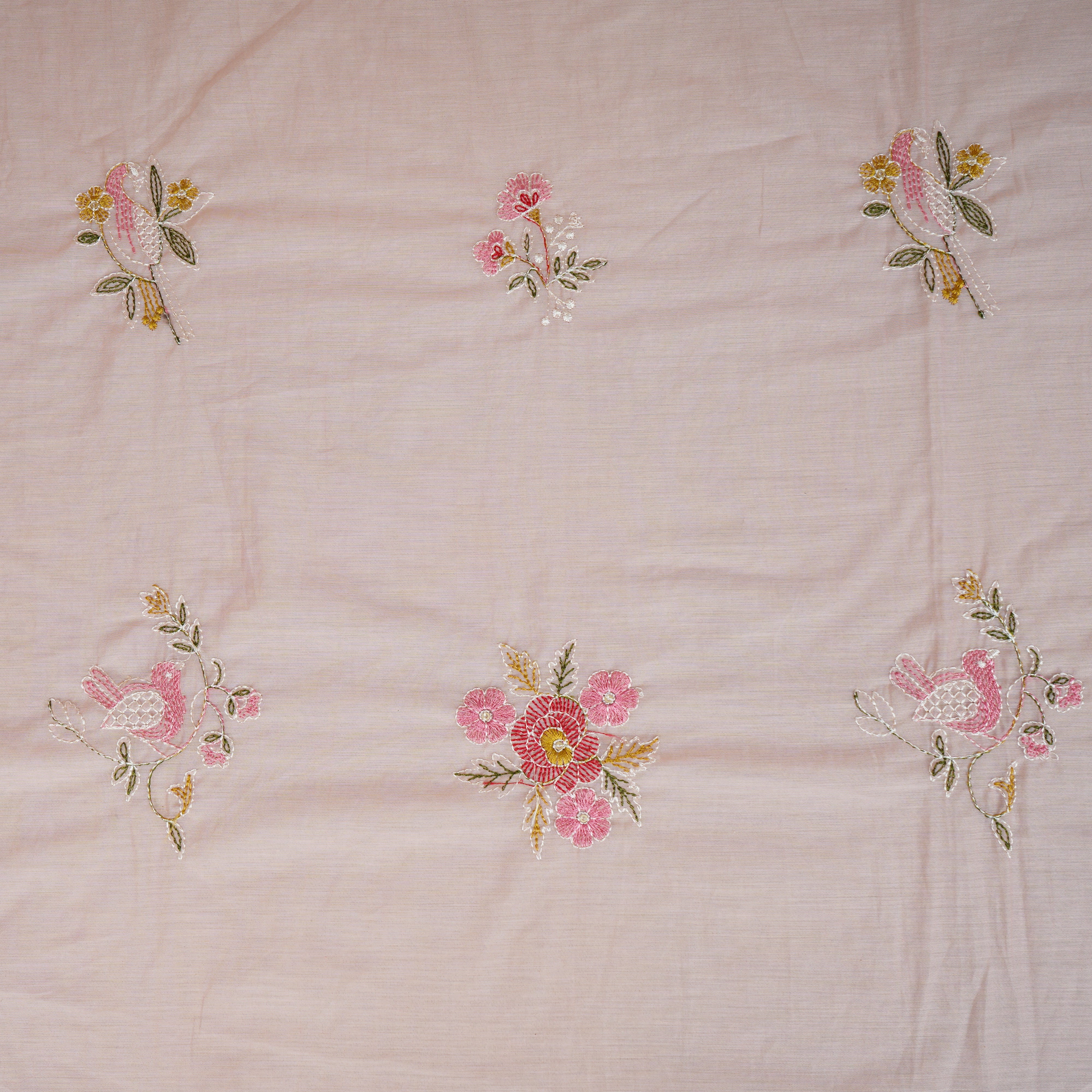 Baby Pink Floral Embroidery Mul Chanderi Fabric DC-29914 - TradeUNO