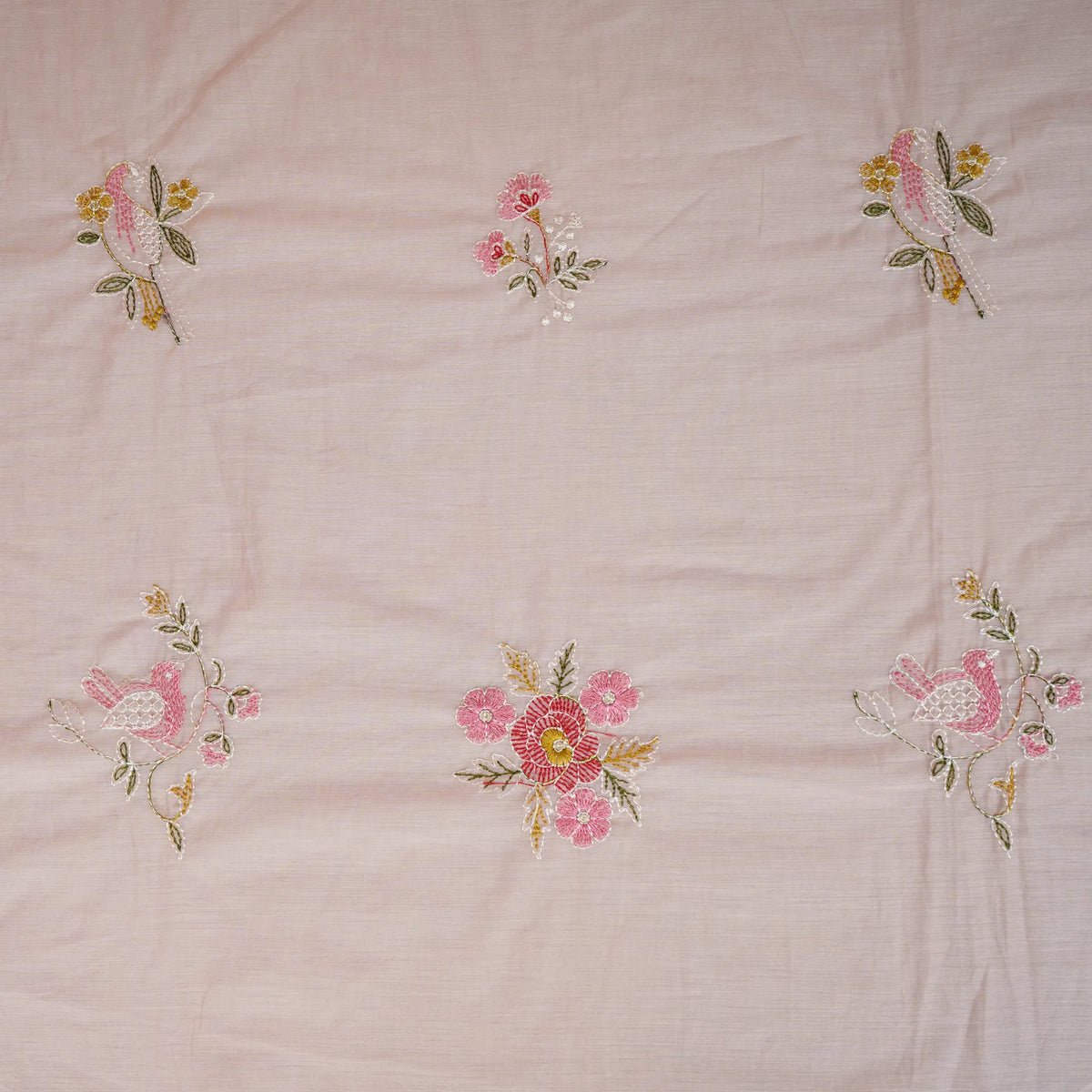 Baby Pink Floral Embroidery Mul Chanderi Fabric DC-29914
