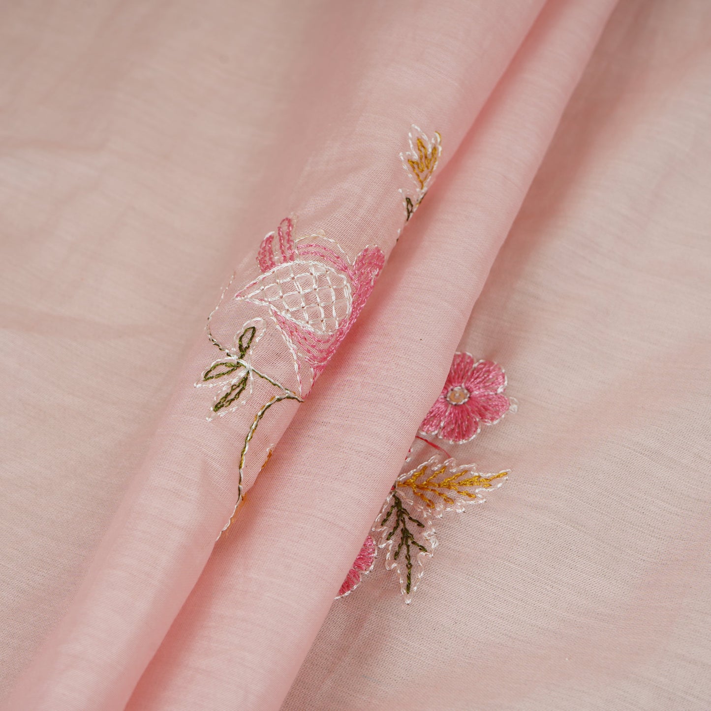 Baby Pink Floral Embroidery Mul Chanderi Fabric DC-29914