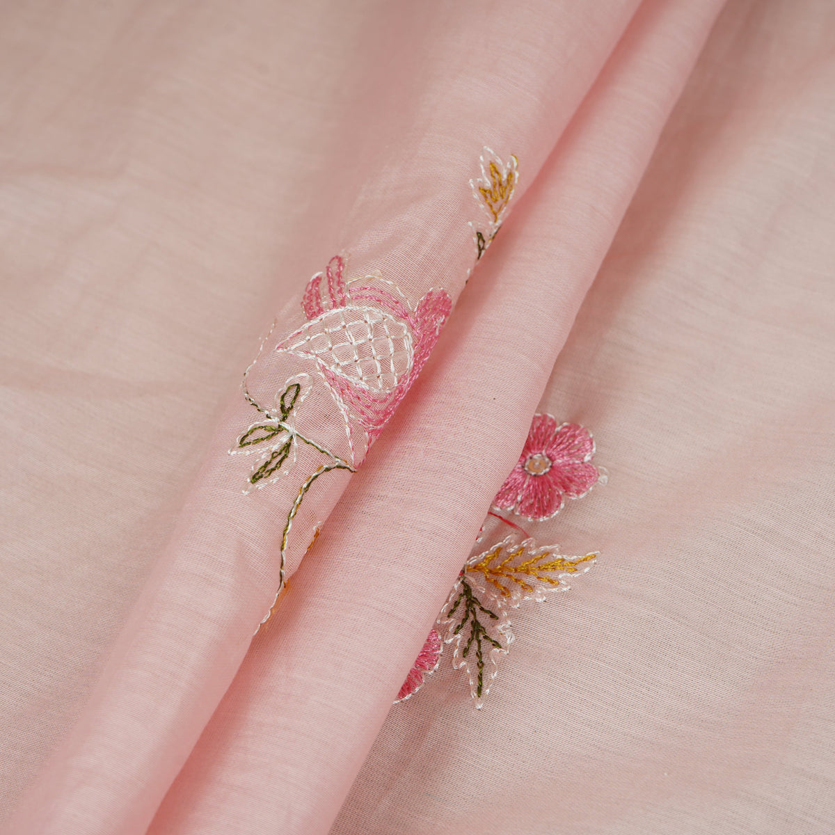Baby Pink Floral Embroidery Mul Chanderi Fabric DC-29914 - TradeUNO