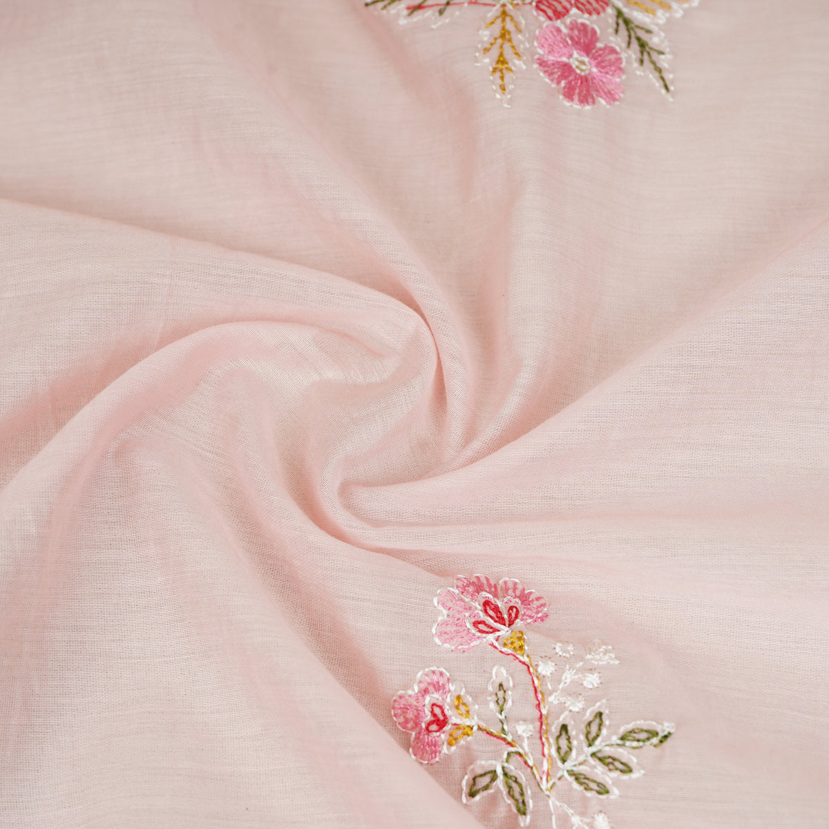 Baby Pink Floral Embroidery Mul Chanderi Fabric DC-29914 - TradeUNO