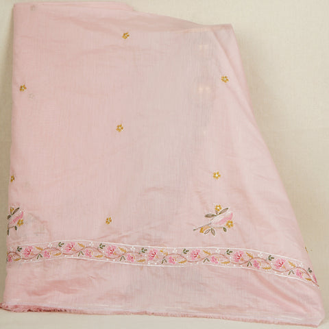 Baby Pink Floral Border Embroidery Mul Chanderi Fabric DC-29915