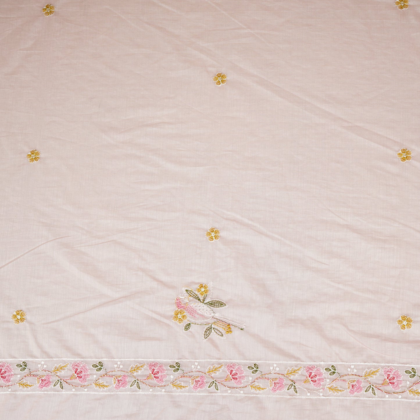 Baby Pink Floral Border Embroidery Mul Chanderi Fabric DC-29915