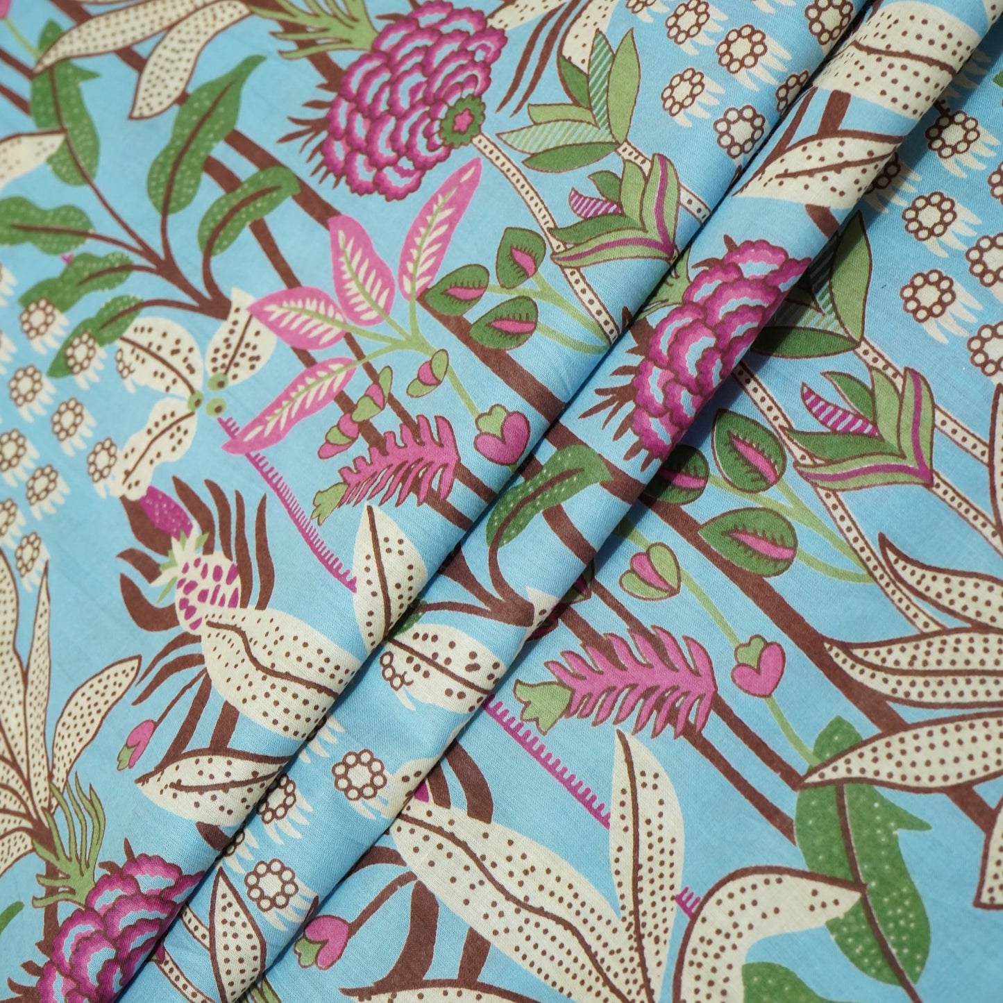 Blue Floral Foil Print Cotton Fabric 23456