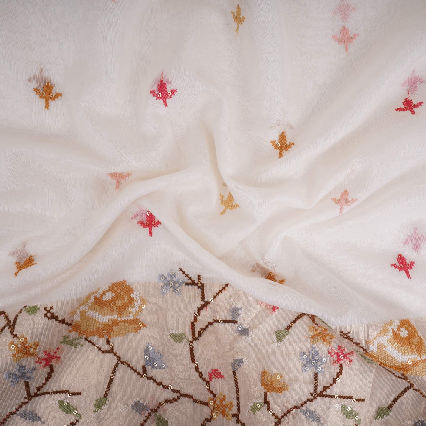White dyeable cross stitch work Chanderi Fabric CTF-31378