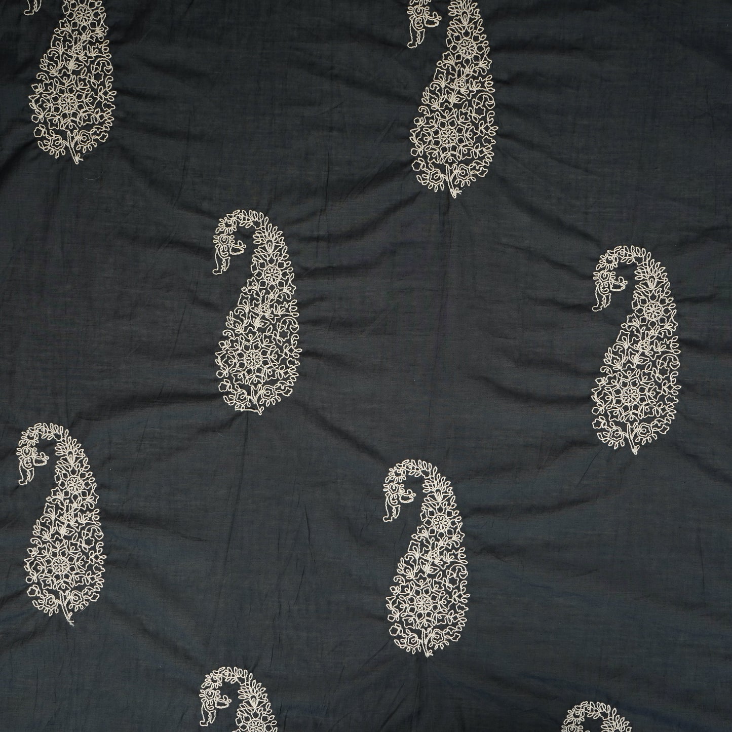 Dark Navy Blue Paisley Embroidery Mul Chanderi Fabric DC-29911