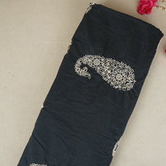 Dark Navy Blue Paisley Embroidery Mul Chanderi Fabric DC-29911