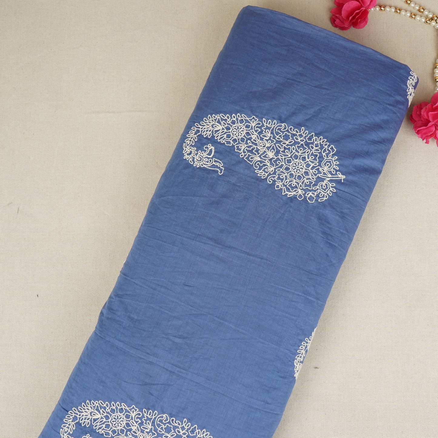 Blue Paisley Embroidery Mul Chanderi Fabric DC-29910