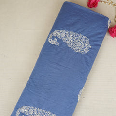 Blue Paisley Embroidery Mul Chanderi Fabric DC-29910