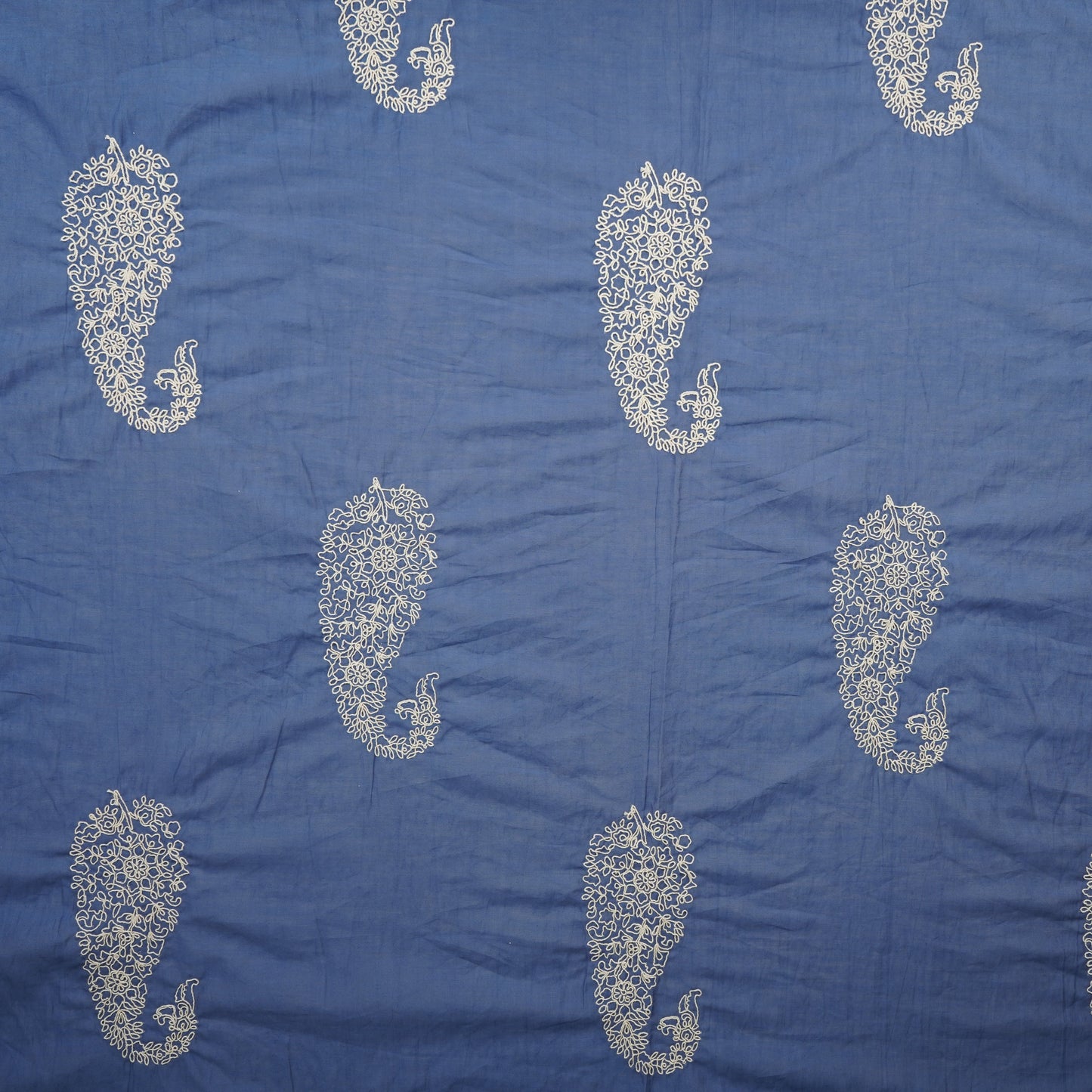 Blue Paisley Embroidery Mul Chanderi Fabric DC-29910