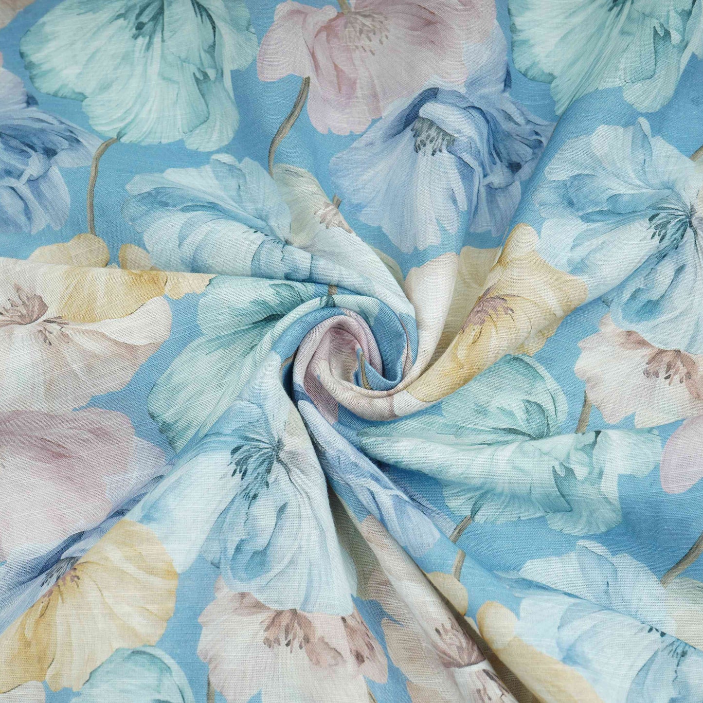 Cornflower Blue Floral Print Cotton Linen Fabric RT-30911