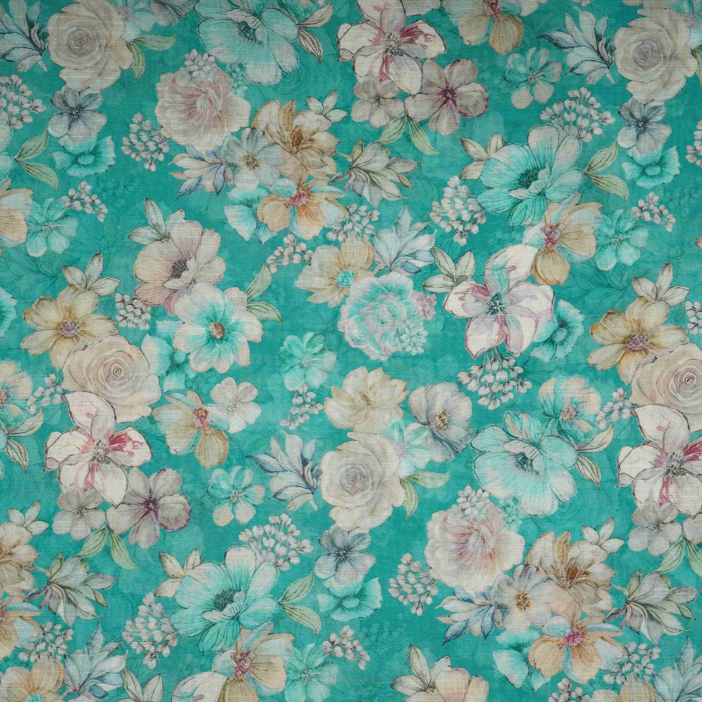 Teal Green Floral Print Cotton Linen Fabric RT-30915