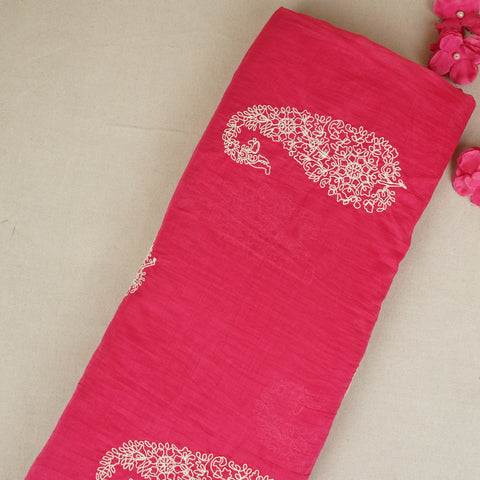 Magenta Pink Paisley Embroidery Mul Chanderi Fabric DC-29909