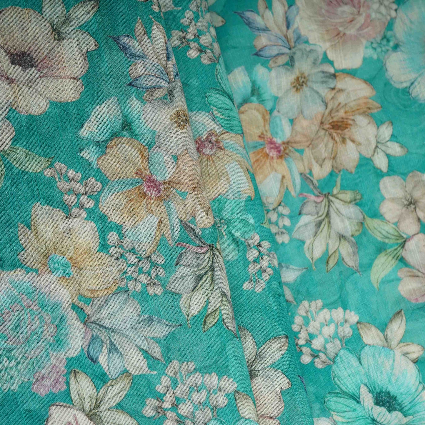 Teal Green Floral Print Cotton Linen Fabric RT-30915