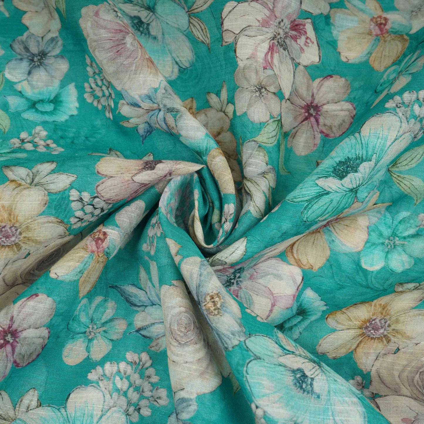 Teal Green Floral Print Cotton Linen Fabric RT-30915