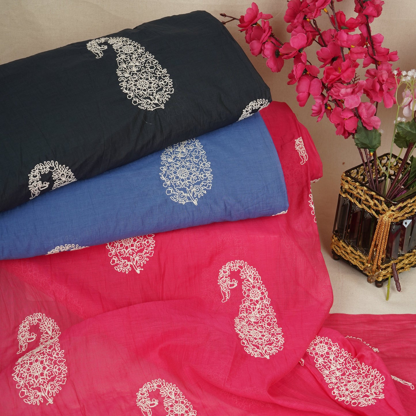 Dark Navy Blue Paisley Embroidery Mul Chanderi Fabric DC-29911