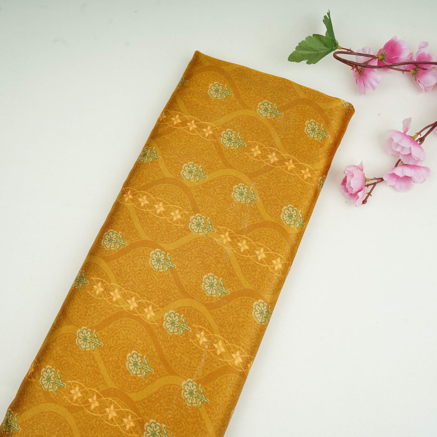 Mustard floral stripes print Bemberg Modal Silk Fabric KTP-31437