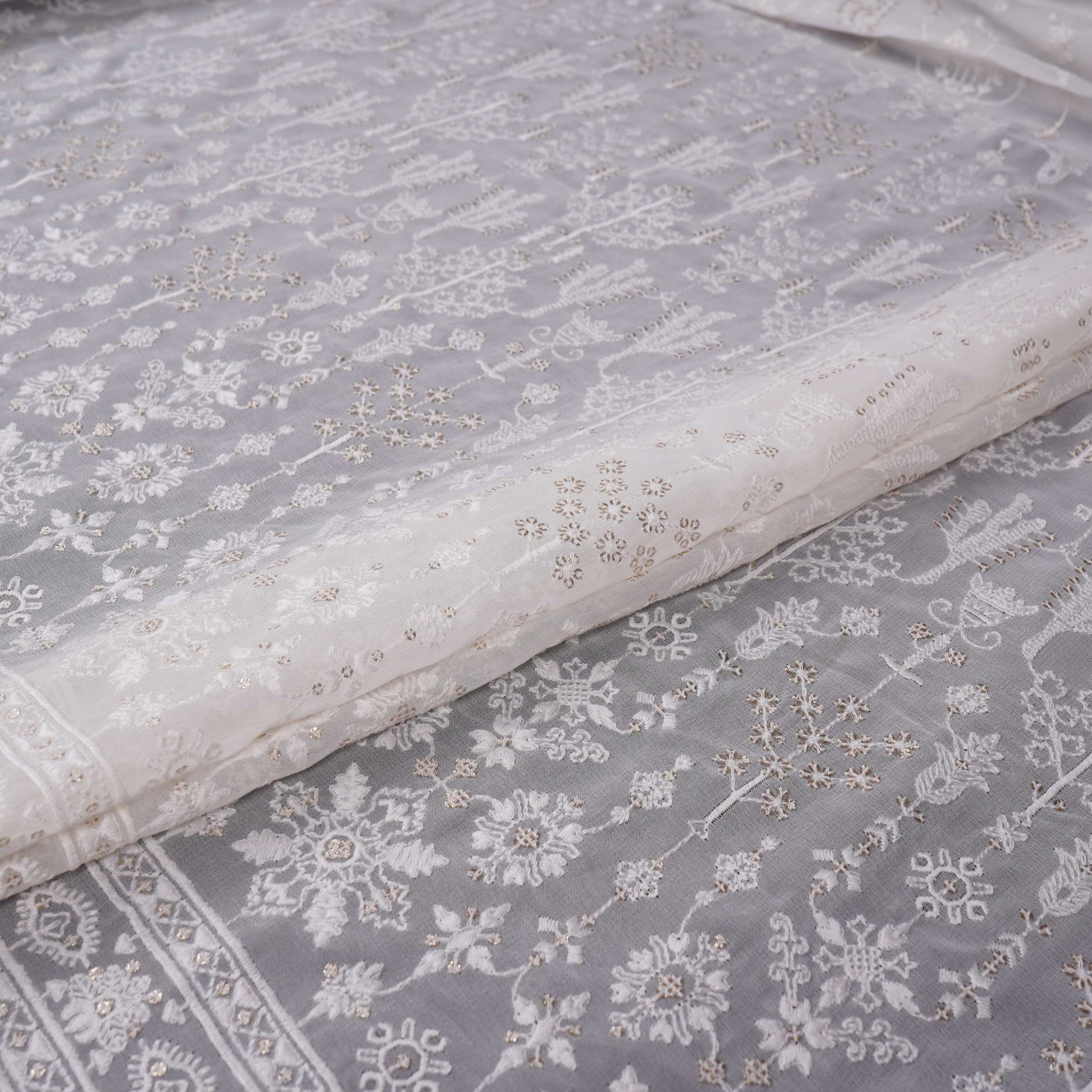 White Dyeable Chikankari embroidery Georgette Fabric VFS-31699 - TradeUNO