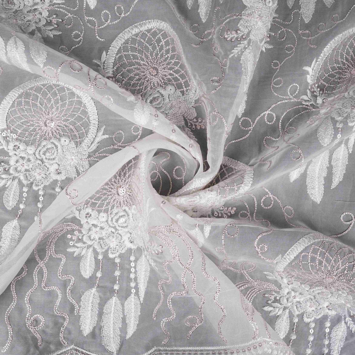 Off White floral thread embroidery Organza Fabric VFS-31703