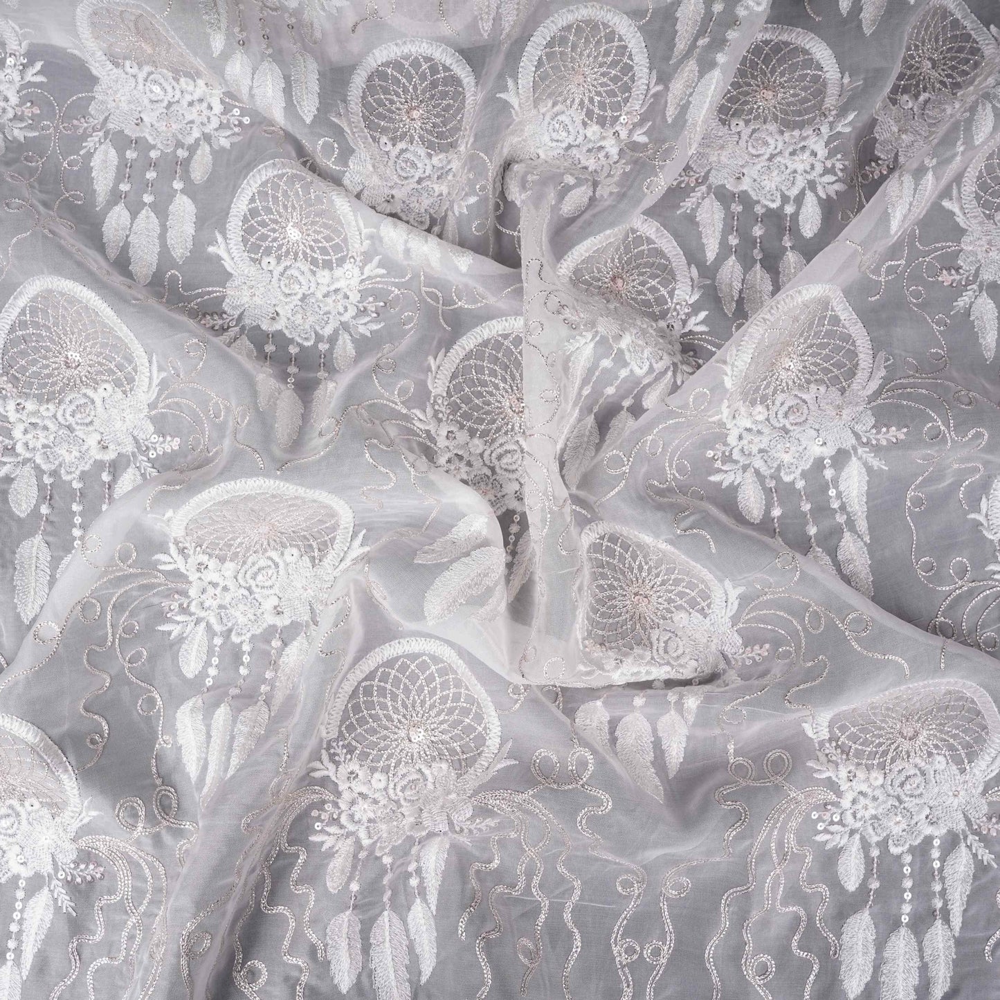 Off White floral thread embroidery Organza Fabric VFS-31703