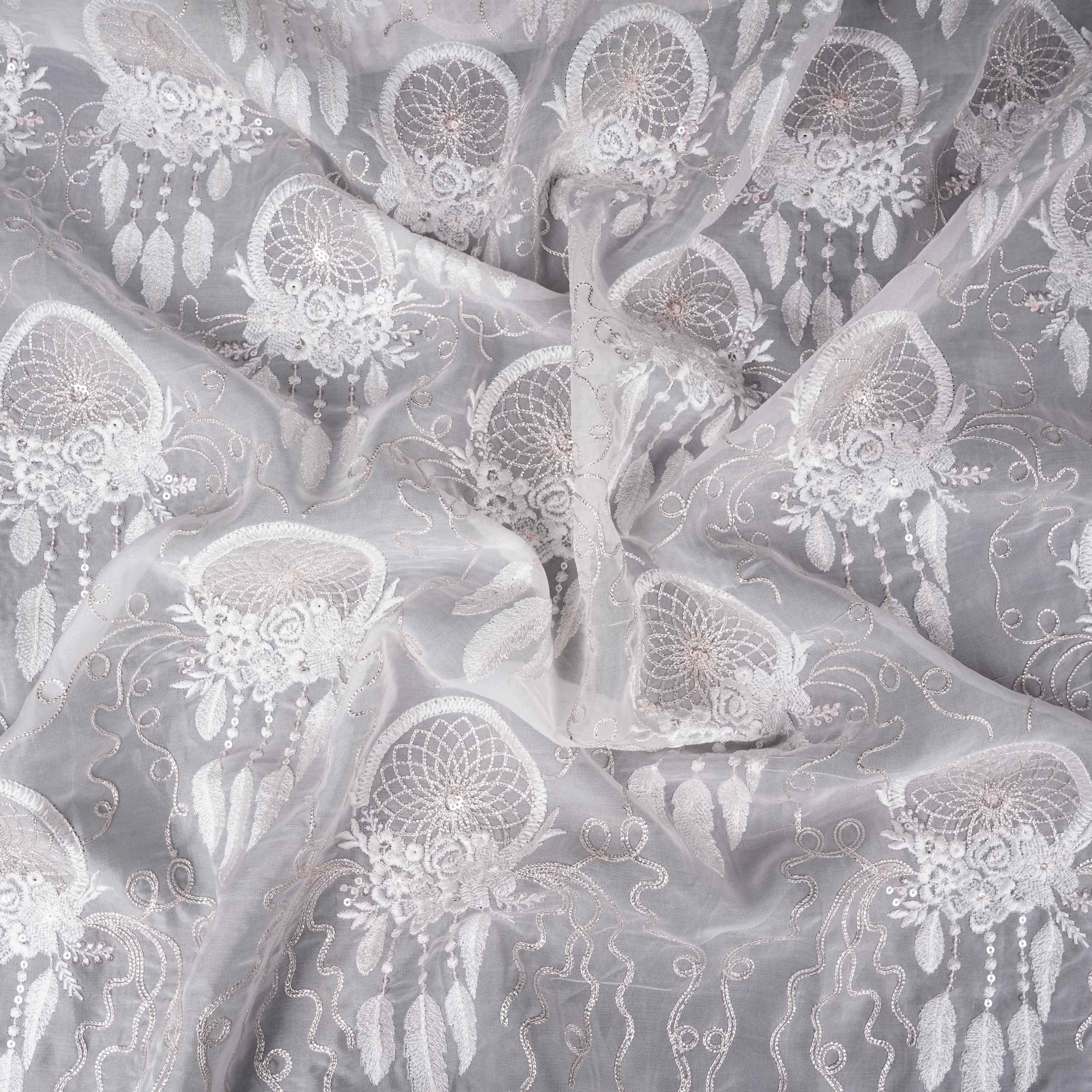 Off White floral thread embroidery Organza Fabric VFS-31703 - TradeUNO