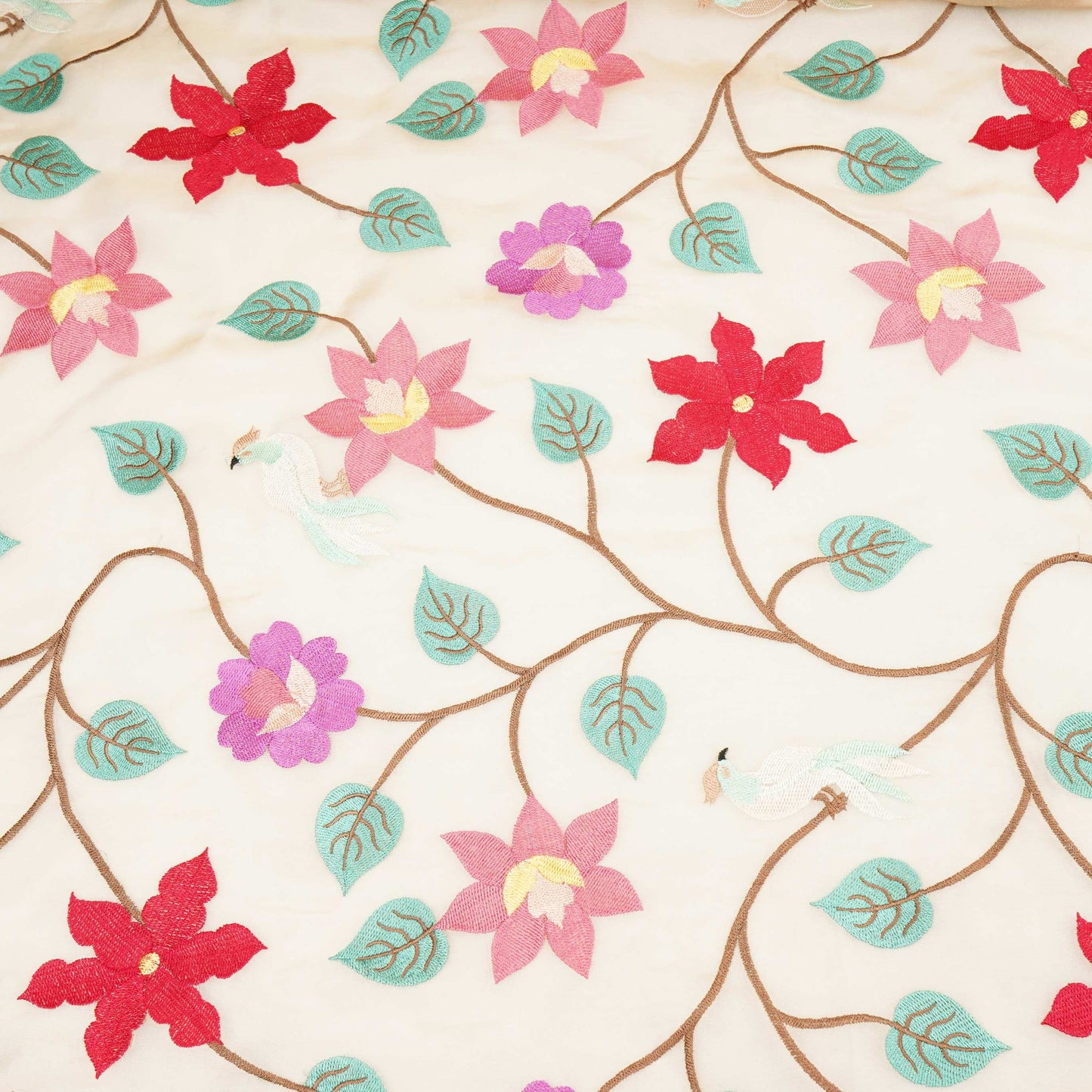 Beige with Multicolor thread floral embroidery Kanjivaram Silk Fabric TF-31441
