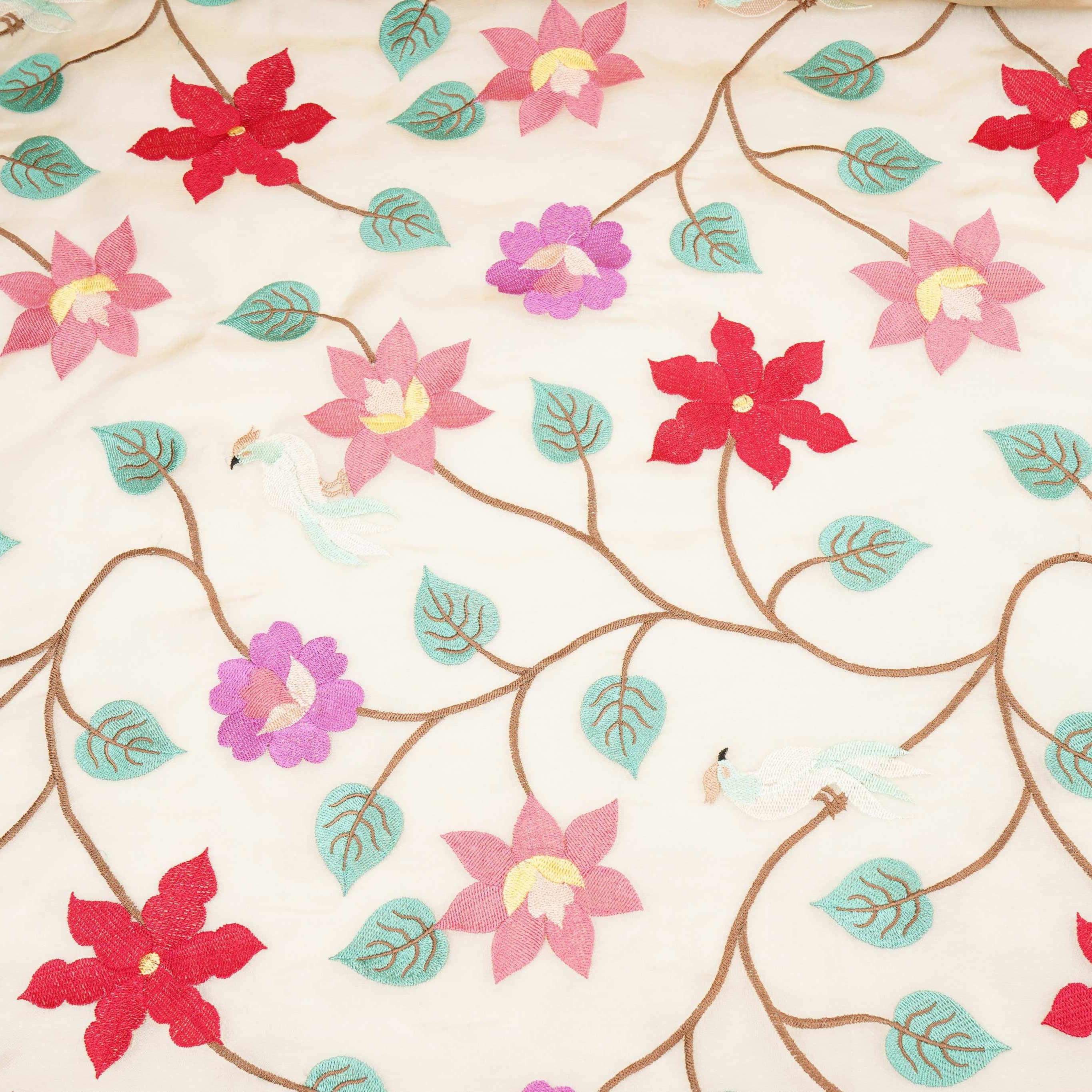 Beige with Multicolor thread floral embroidery Kanjivaram Silk Fabric TF-31441 - TradeUNO